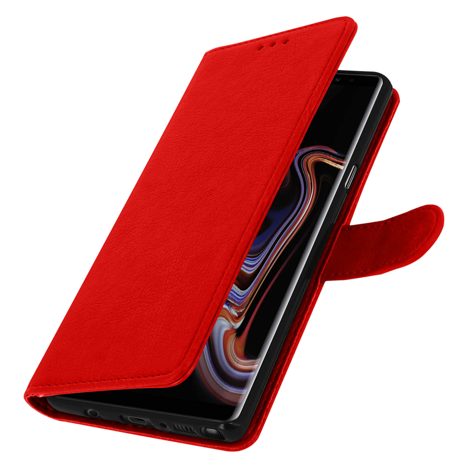 Custodia per telefono rossa, aperta, che rivela il telefono. La custodia ha un supporto nero.