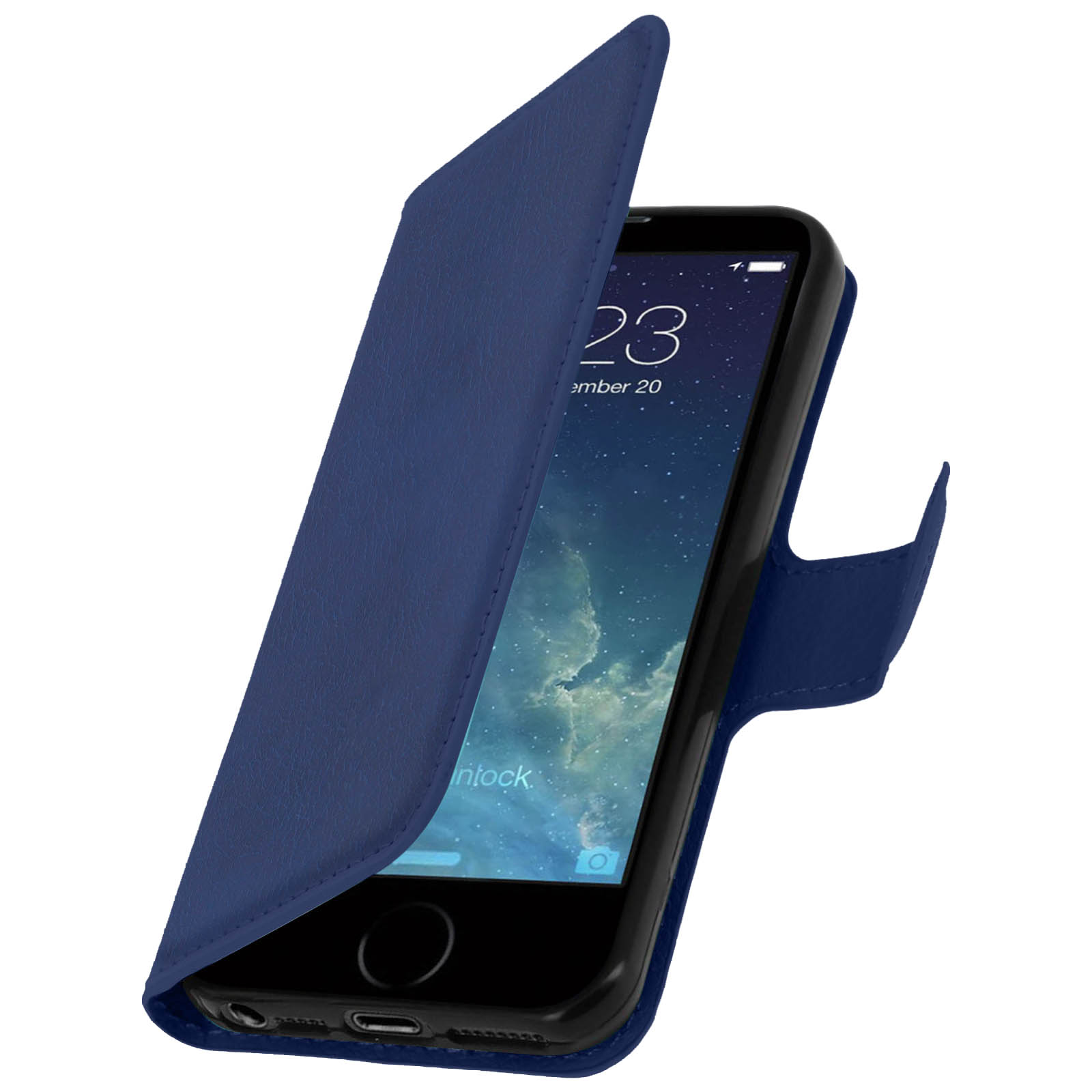 Custodia blu per telefono aperta, telefono dentro. Il telefono è nero. Interno della custodia visibile.