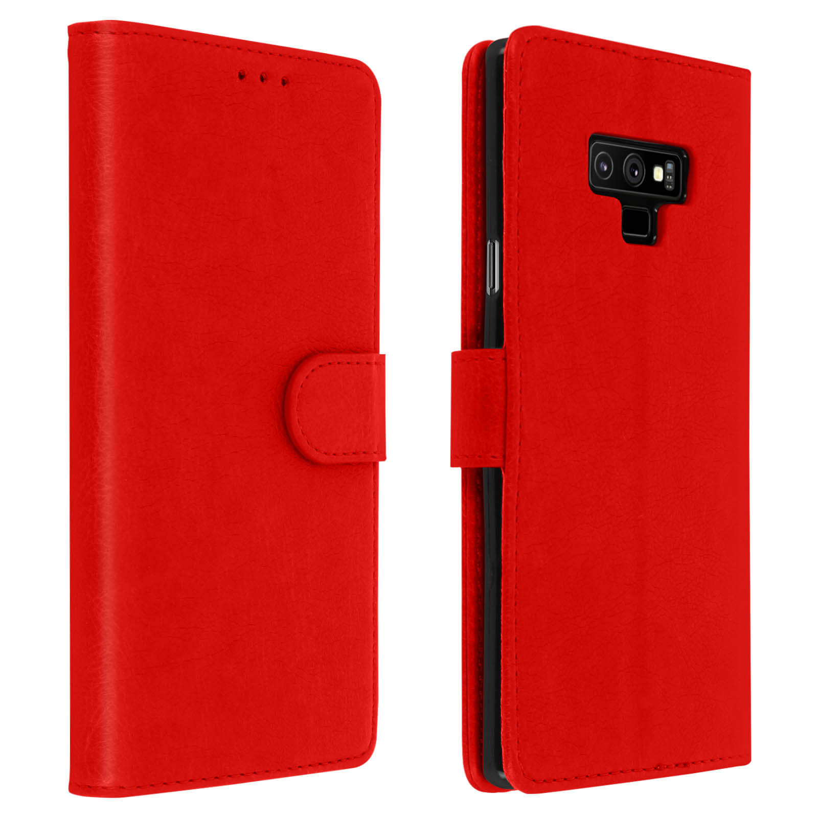 Custodia per telefono in pelle rossa, chiusa e aperta. Con chiusura magnetica.