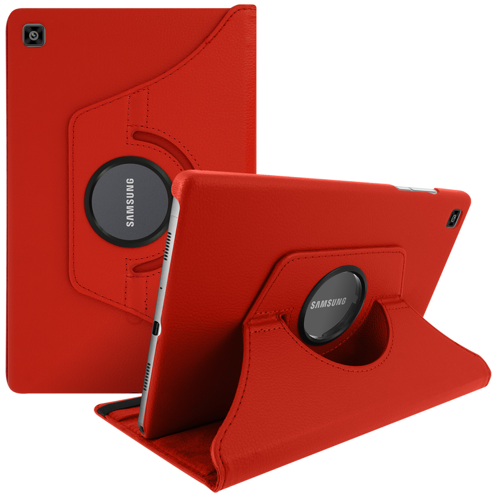 Custodia rossa per tablet Samsung, con tablet in varie posizioni.