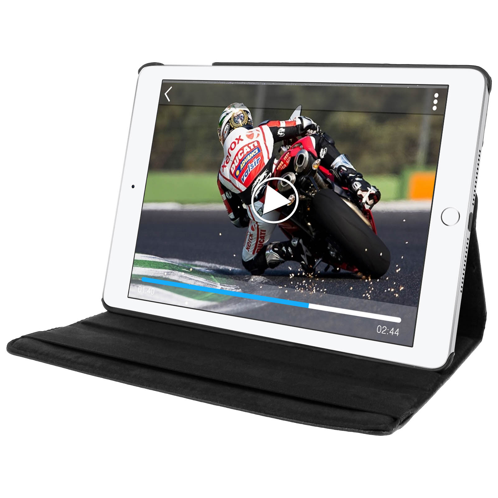 Tablet che mostra una gara motociclistica, custodia nera, su sfondo bianco.
