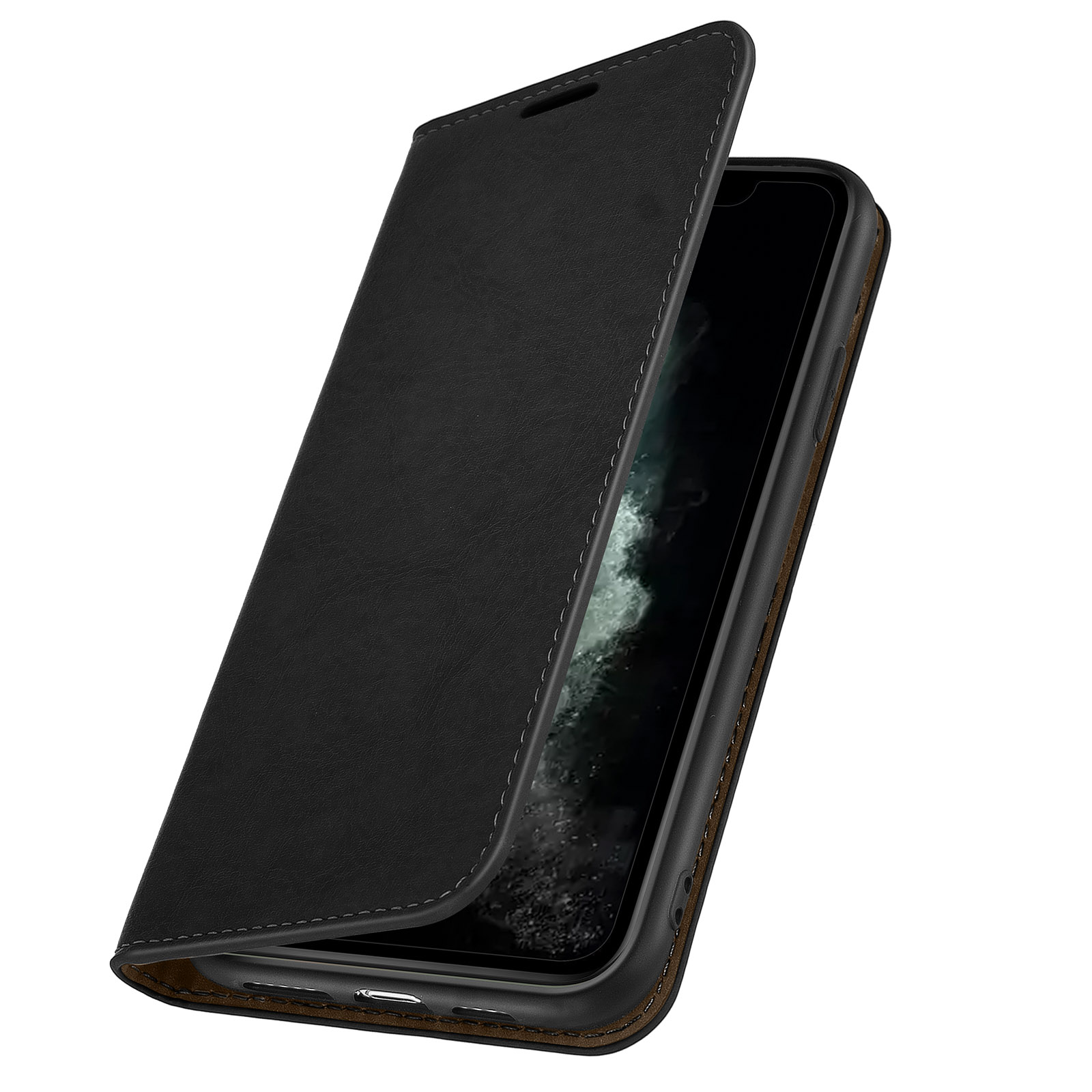Zwarte leren telefoonhoes, open, met een telefoon zichtbaar. De binnenkant heeft een contrasterende kleur.