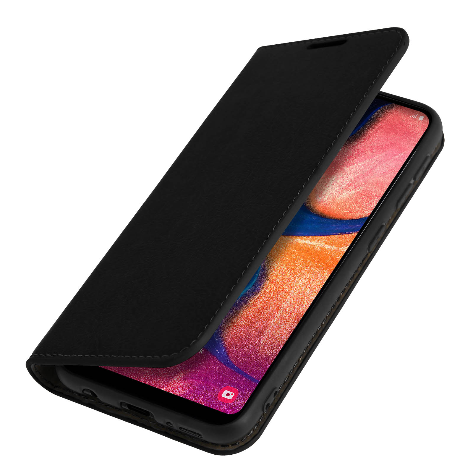 Schwarze Handyhülle, geöffnet, um ein Telefon mit pink-orangem Hintergrund zu zeigen. Weißer Hintergrund.