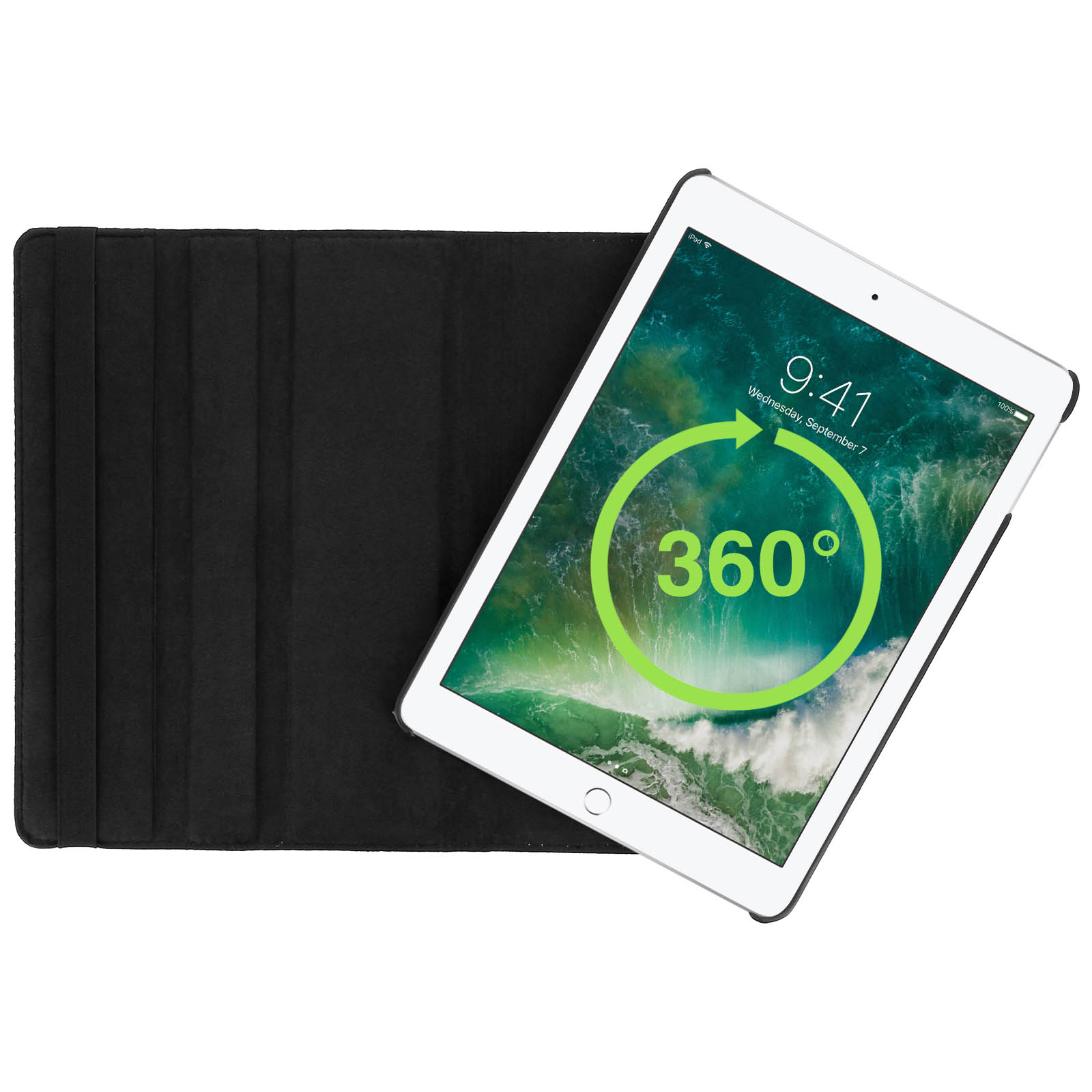 Tablet in una custodia nera, che mostra un simbolo di 360° sullo schermo.
