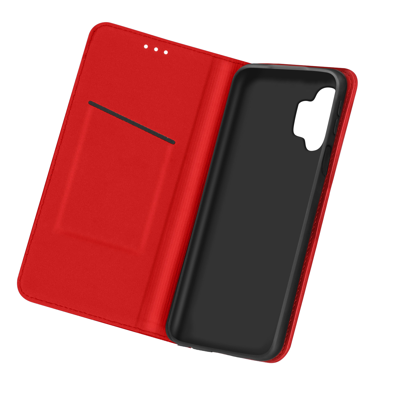 È mostrata una custodia rossa per telefono aperta, che rivela un interno nero e un ritaglio a forma di telefono.