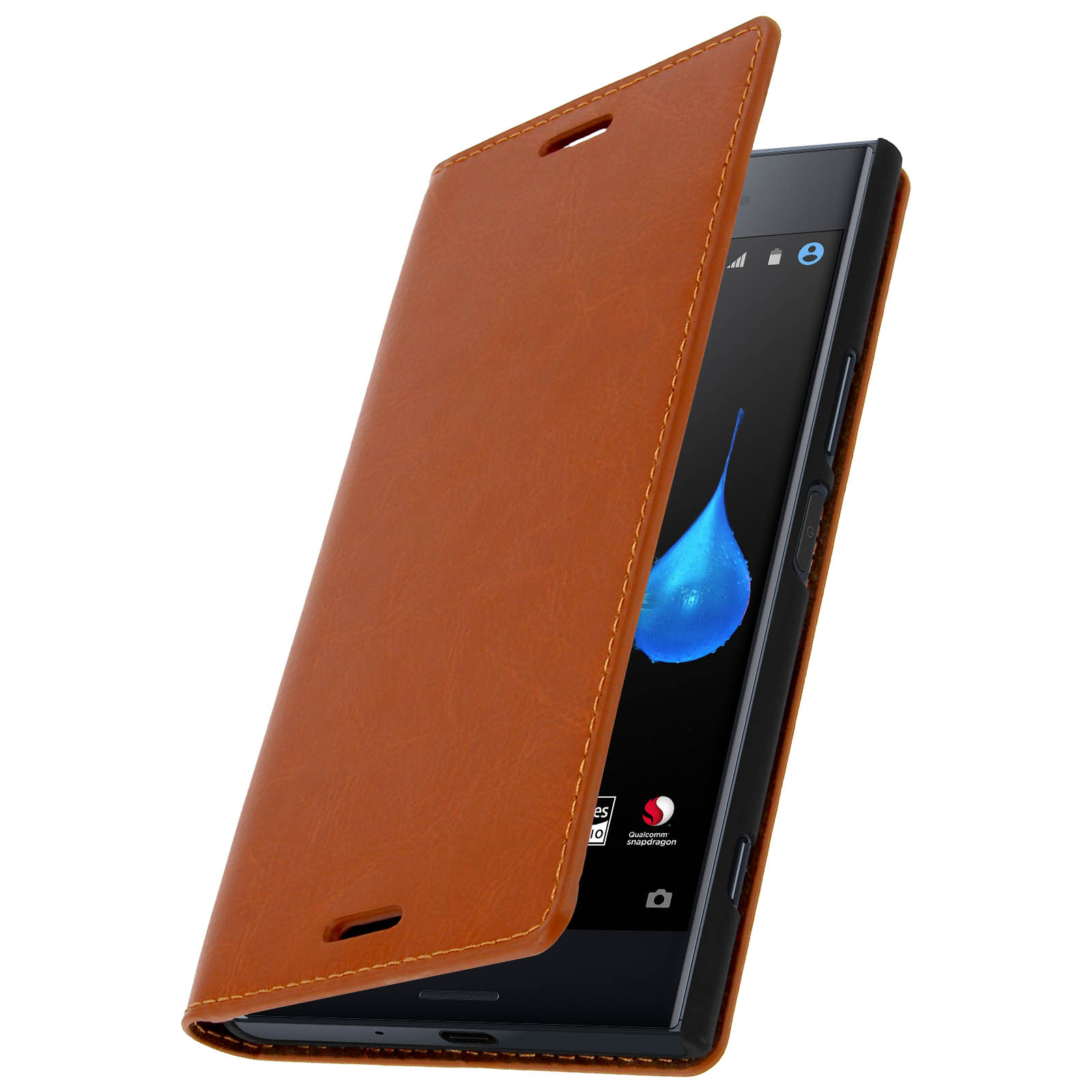 Braune Leder-Handyhülle, offen, mit sichtbarem Telefon. Das Telefon hat ein blaues Muster.