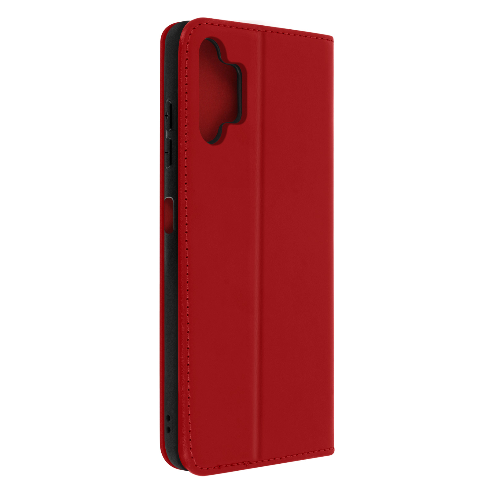 Custodia per telefono rossa in stile libro aperto. L'interno mostra fodera nera e supporto per telefono.