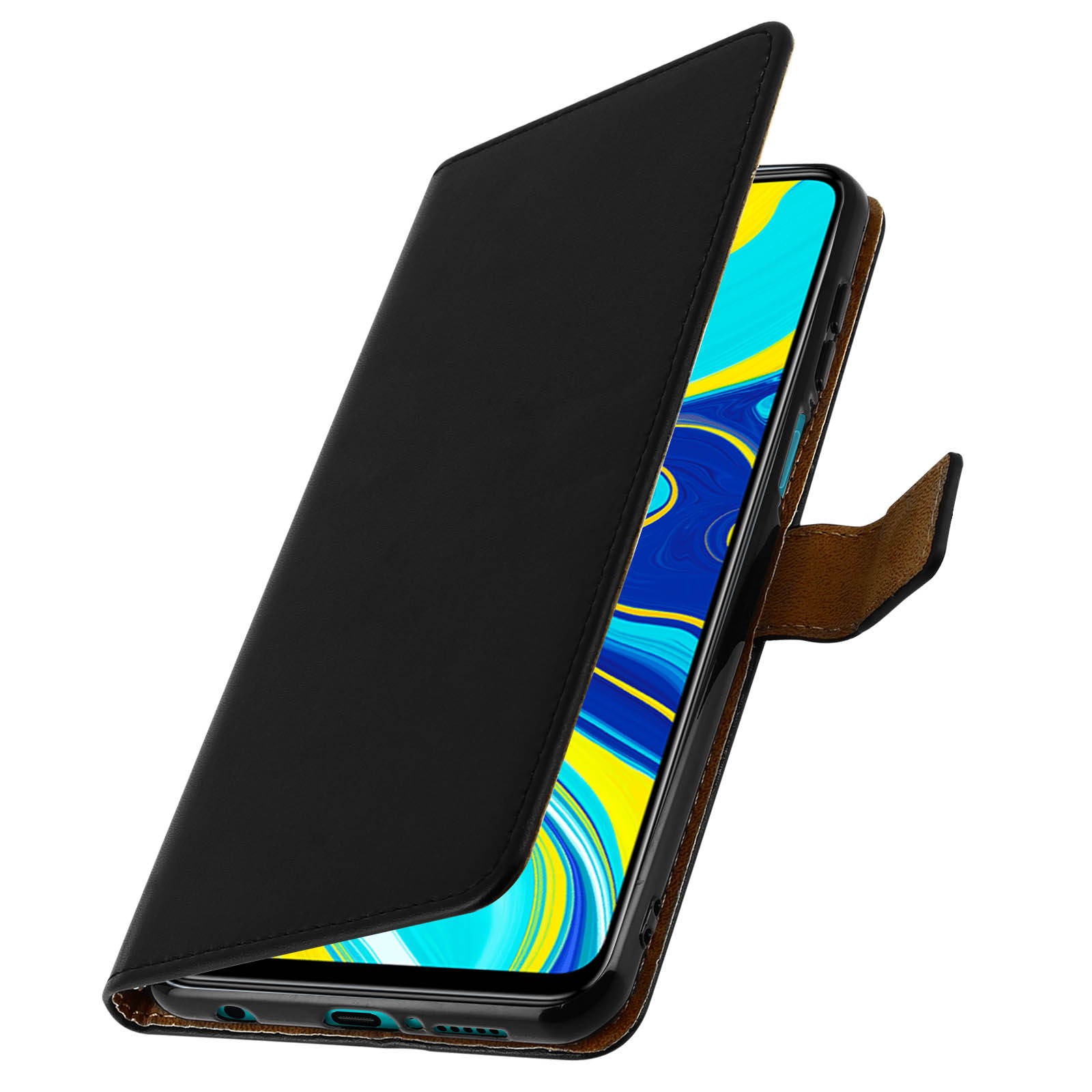 Étui de téléphone noir, ouvert, avec un téléphone à l'intérieur, sur fond blanc. Cuir marron à l'intérieur.