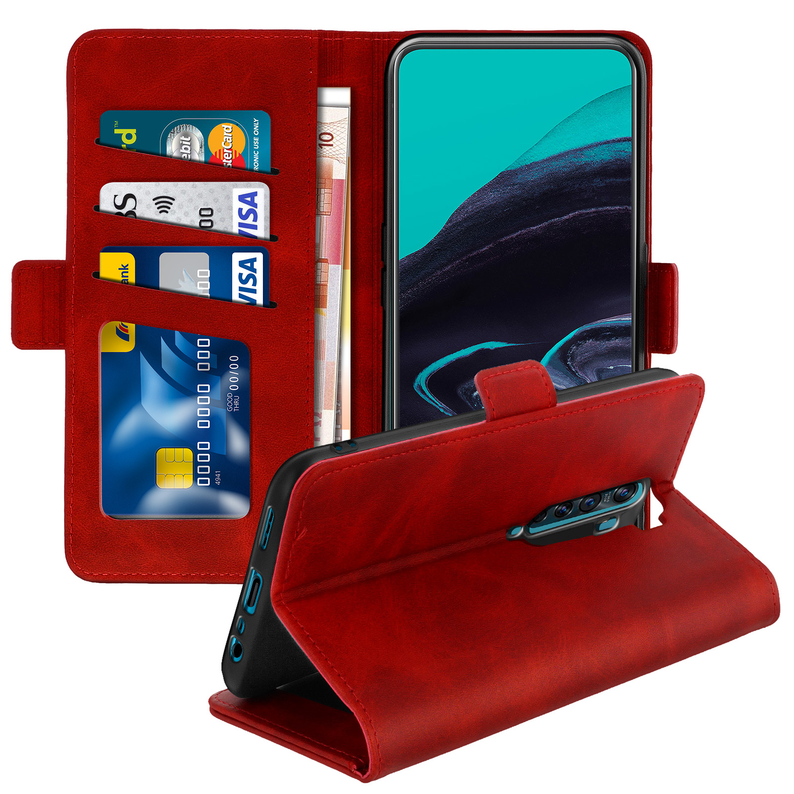 Een rode leren telefoonhoes is open en toont creditcards, geld en een telefoon met een blauwgroen scherm.