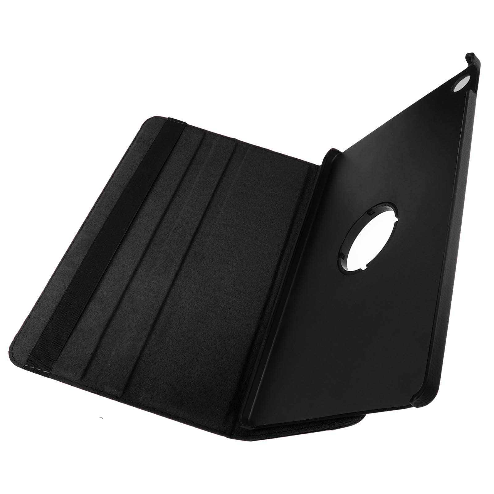 Custodia per tablet nera, aperta. L'interno è visibile. Il coperchio ha un foro.