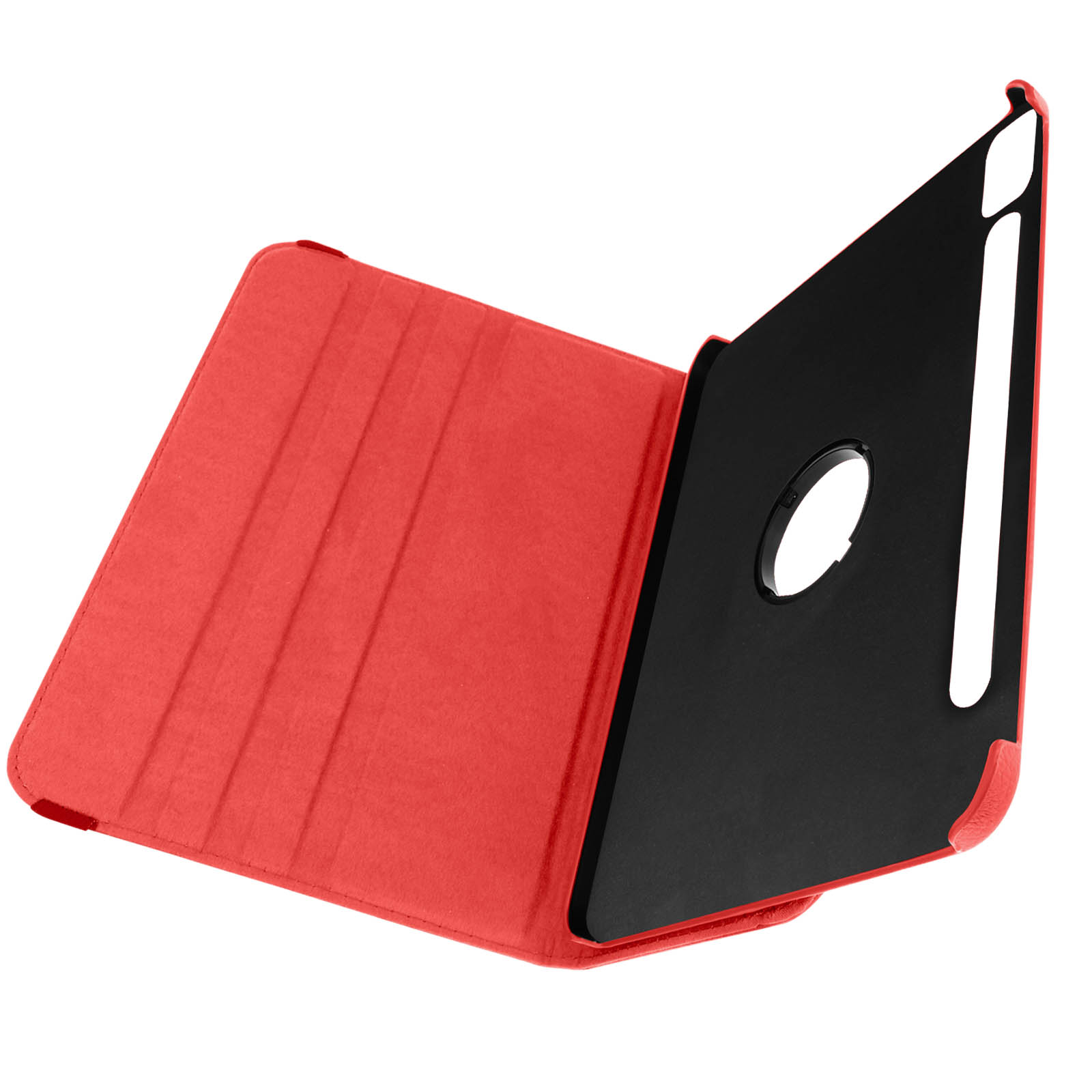 Custodia per tablet rossa aperta con interno nero. Sfondo bianco.