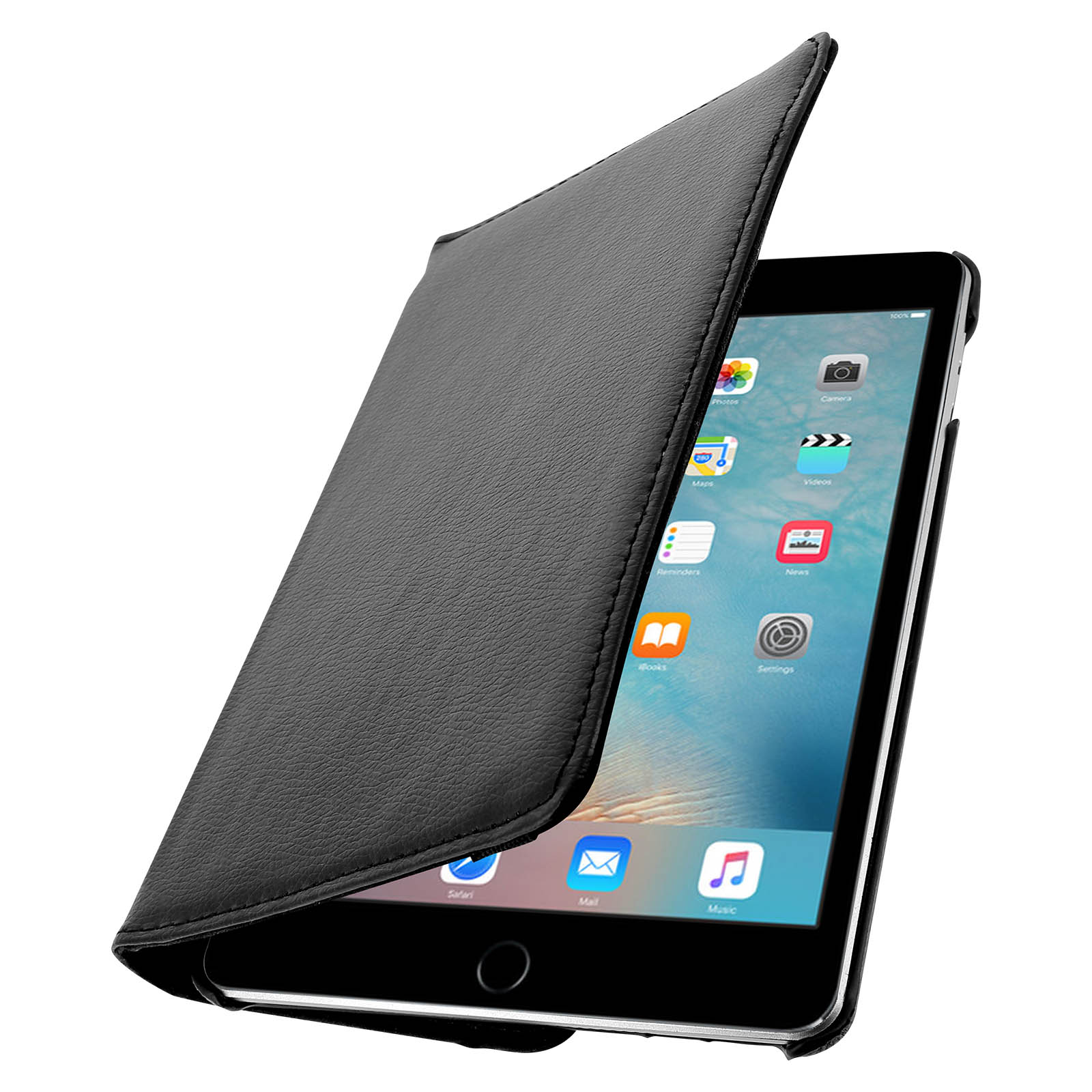 iPad nero in custodia di pelle nera, cover aperta. Lo schermo mostra icone di app.