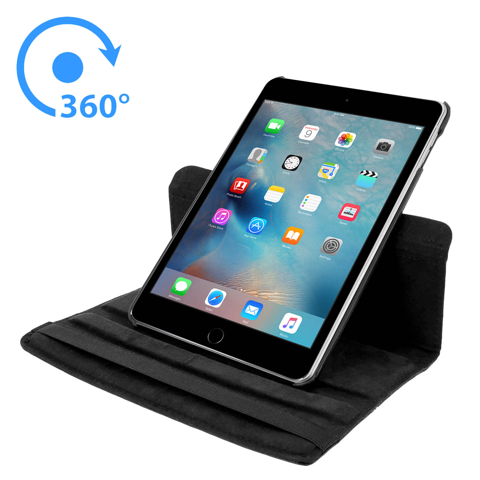 Tablet in custodia nera, con freccia a 360 gradi. Sfondo nero.