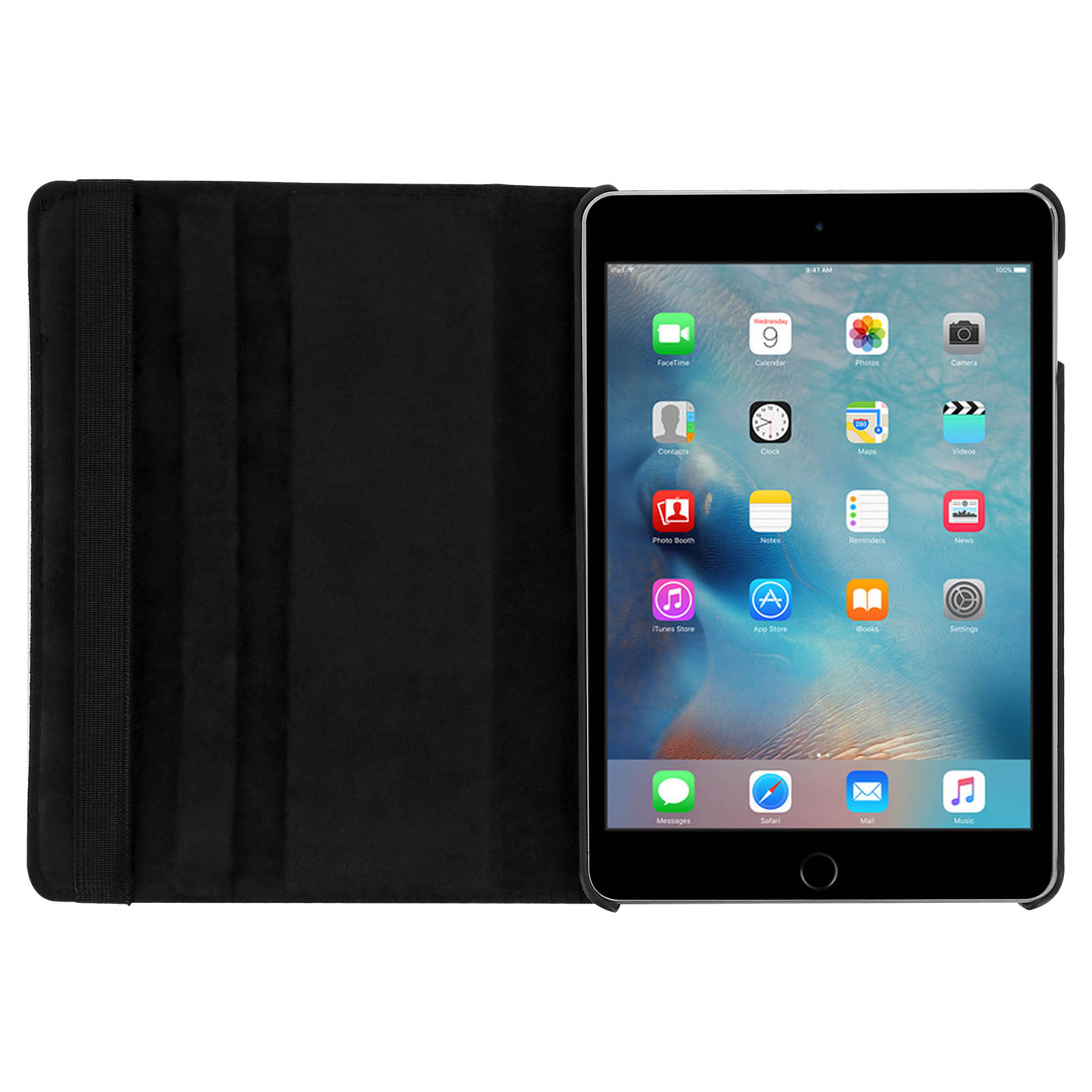 Un tablet con app aperte, dentro una custodia nera, su un tavolo. La custodia è aperta.