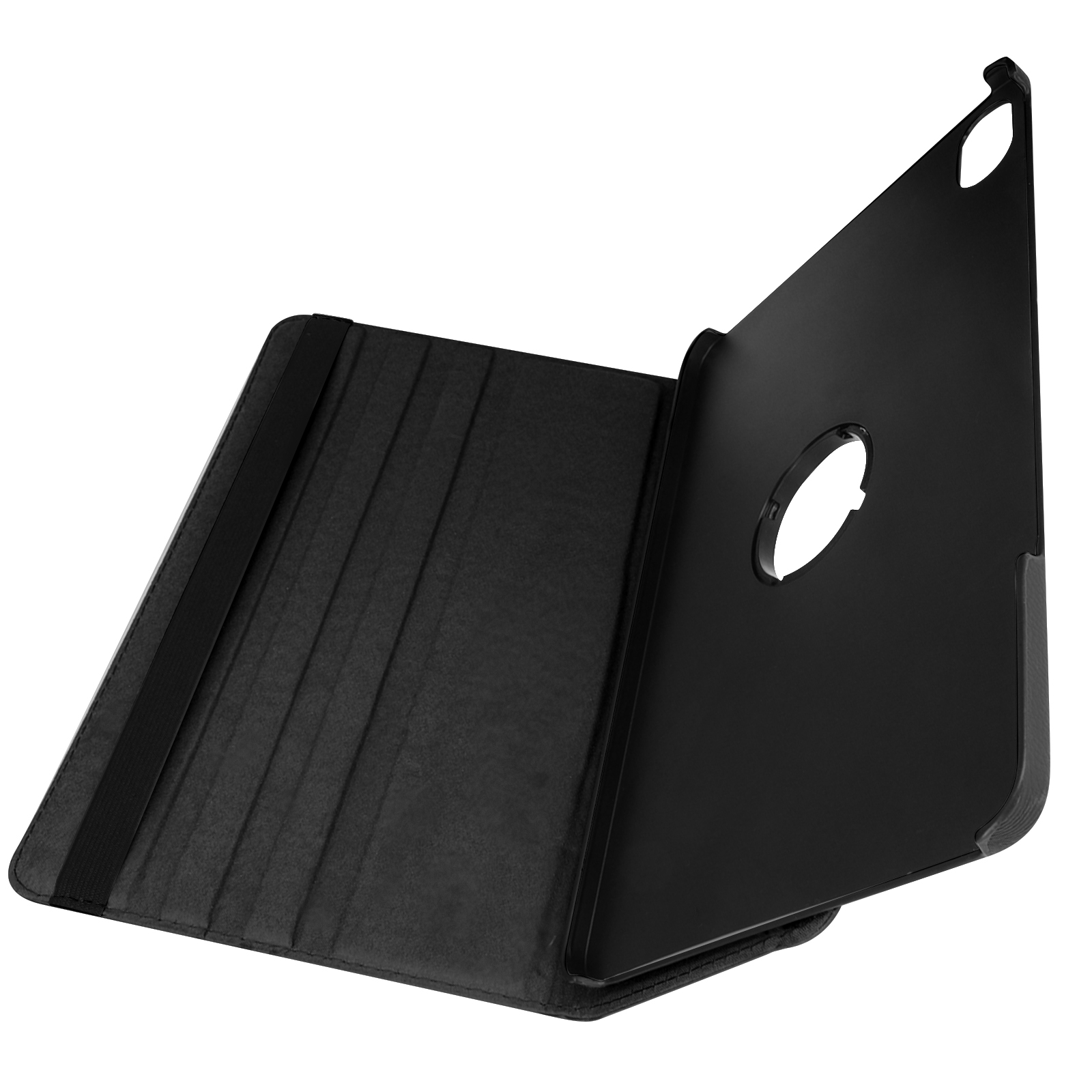 Una custodia nera per tablet è aperta, rivelando l'interno.