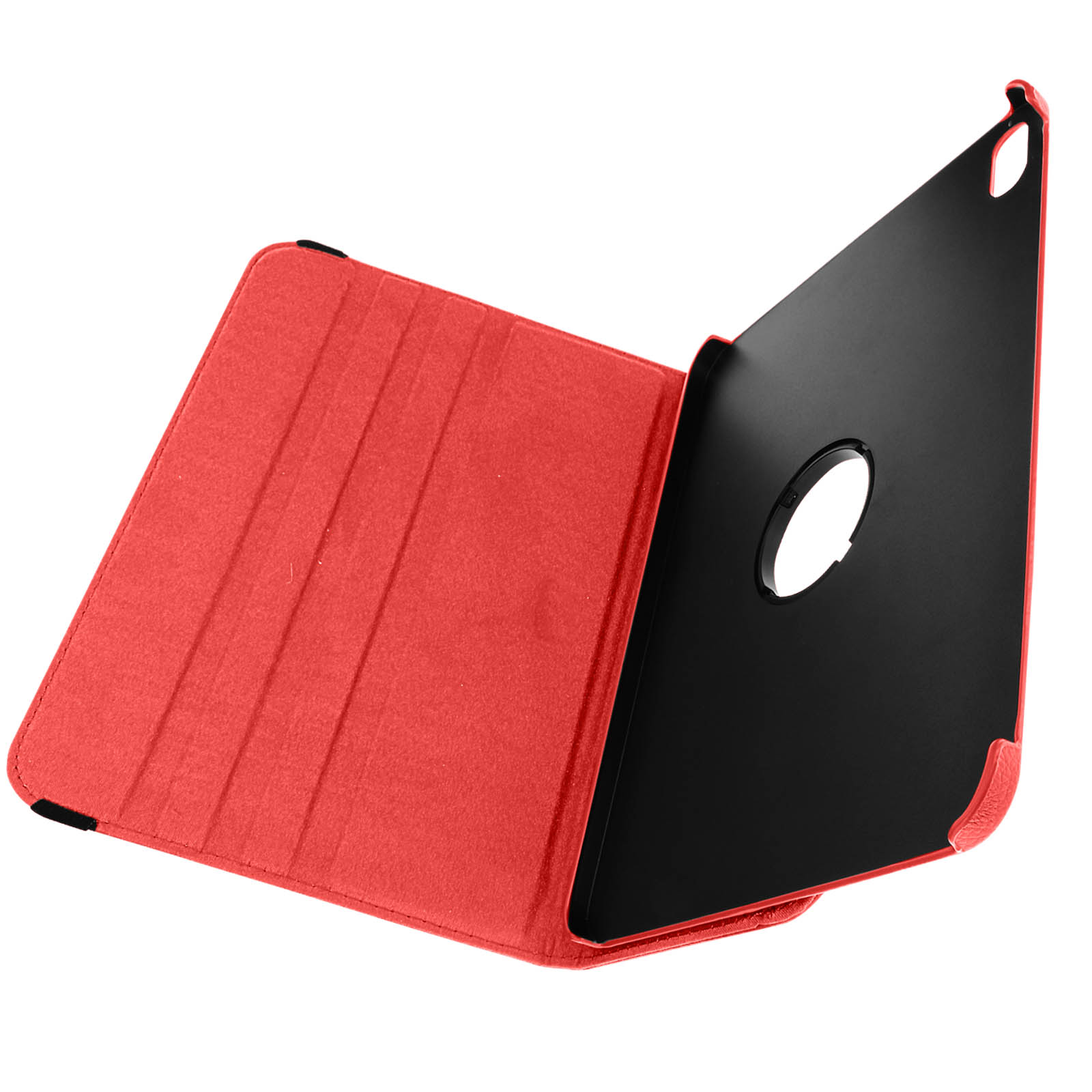 Ein rotes Tablethülle offen mit dem Tablet draußen. Die Innenseite ist schwarz mit einem Kameraloch.