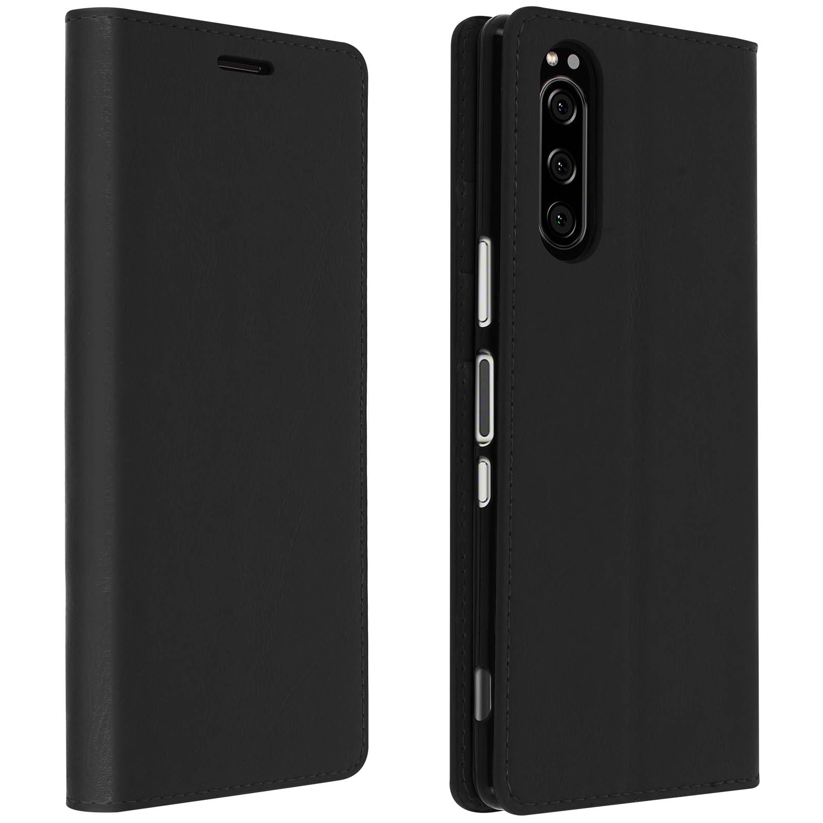 Custodia per telefono nera con cover frontale. Il telefono è visibile sul lato destro.