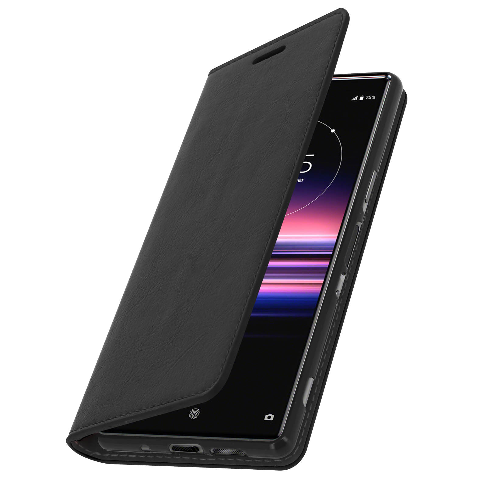 Custodia nera per telefono aperta per rivelare uno smartphone. Mostra lo schermo del telefono con data e sensore di impronte digitali.