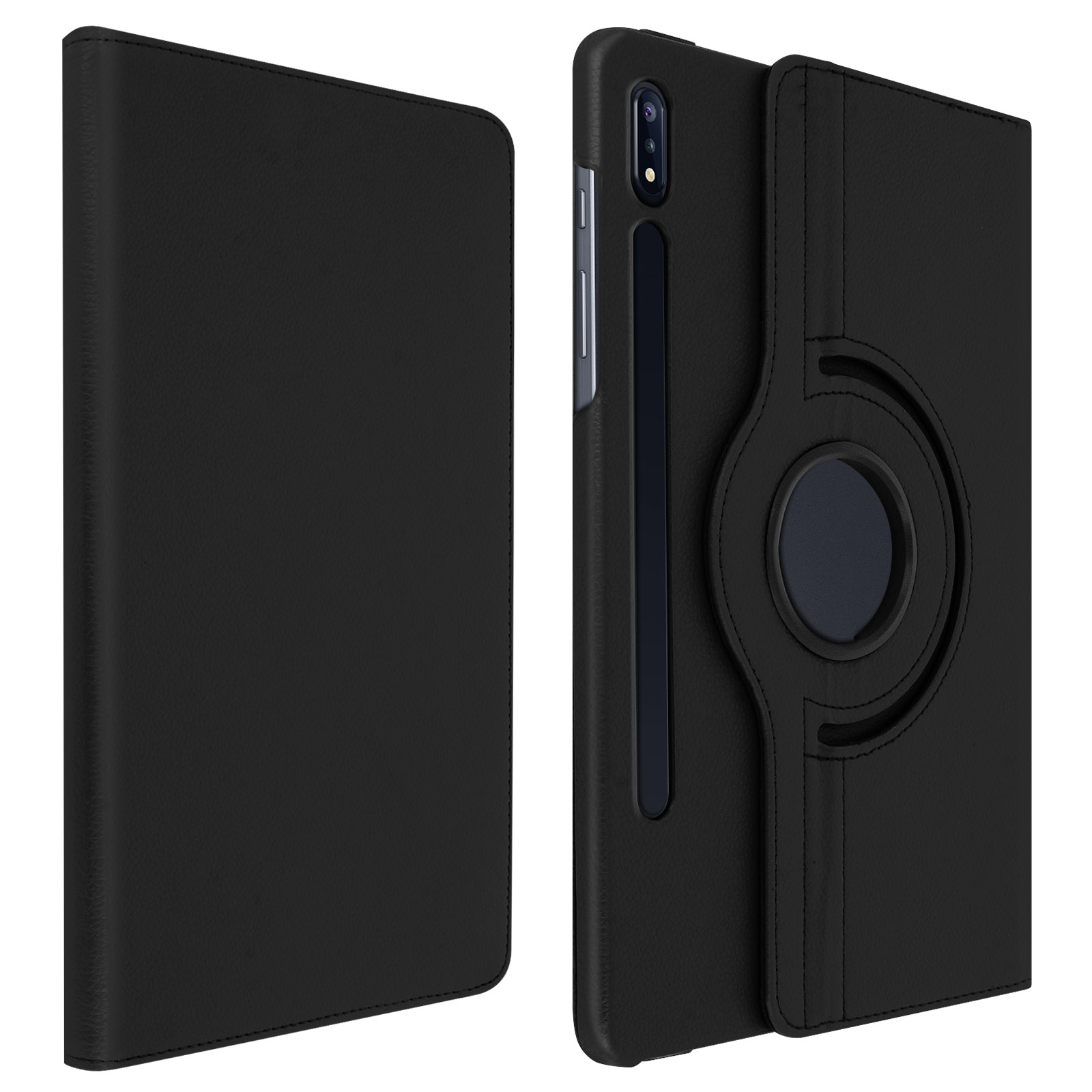 Custodia per tablet nera, aperta. Un lato mostra un tablet con fotocamera. L'altro è aperto.
