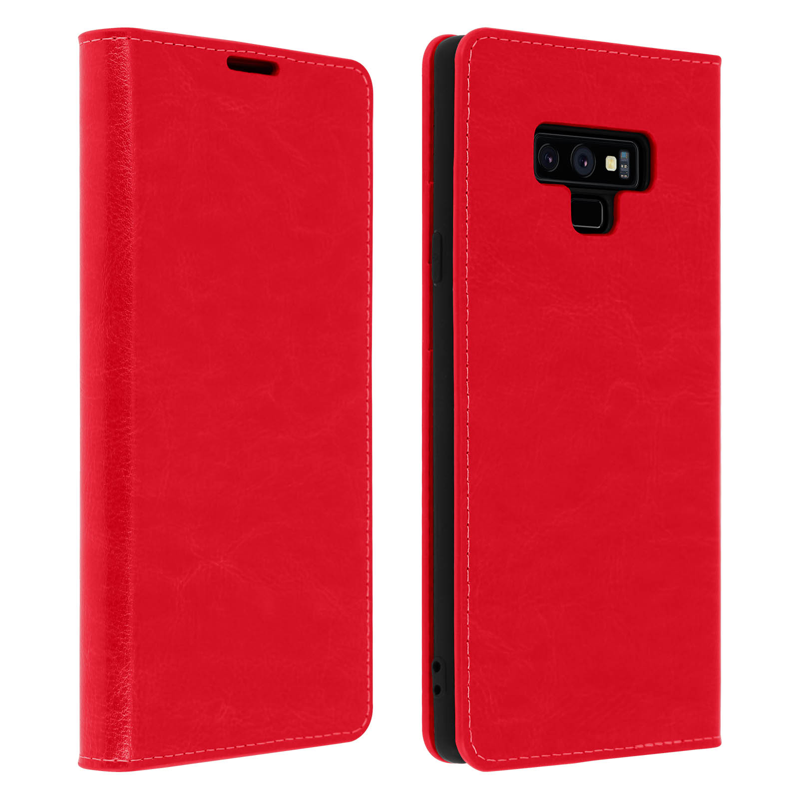Custodia per telefono rossa, chiusa. Mostra la fotocamera del telefono e ha una chiusura magnetica.
