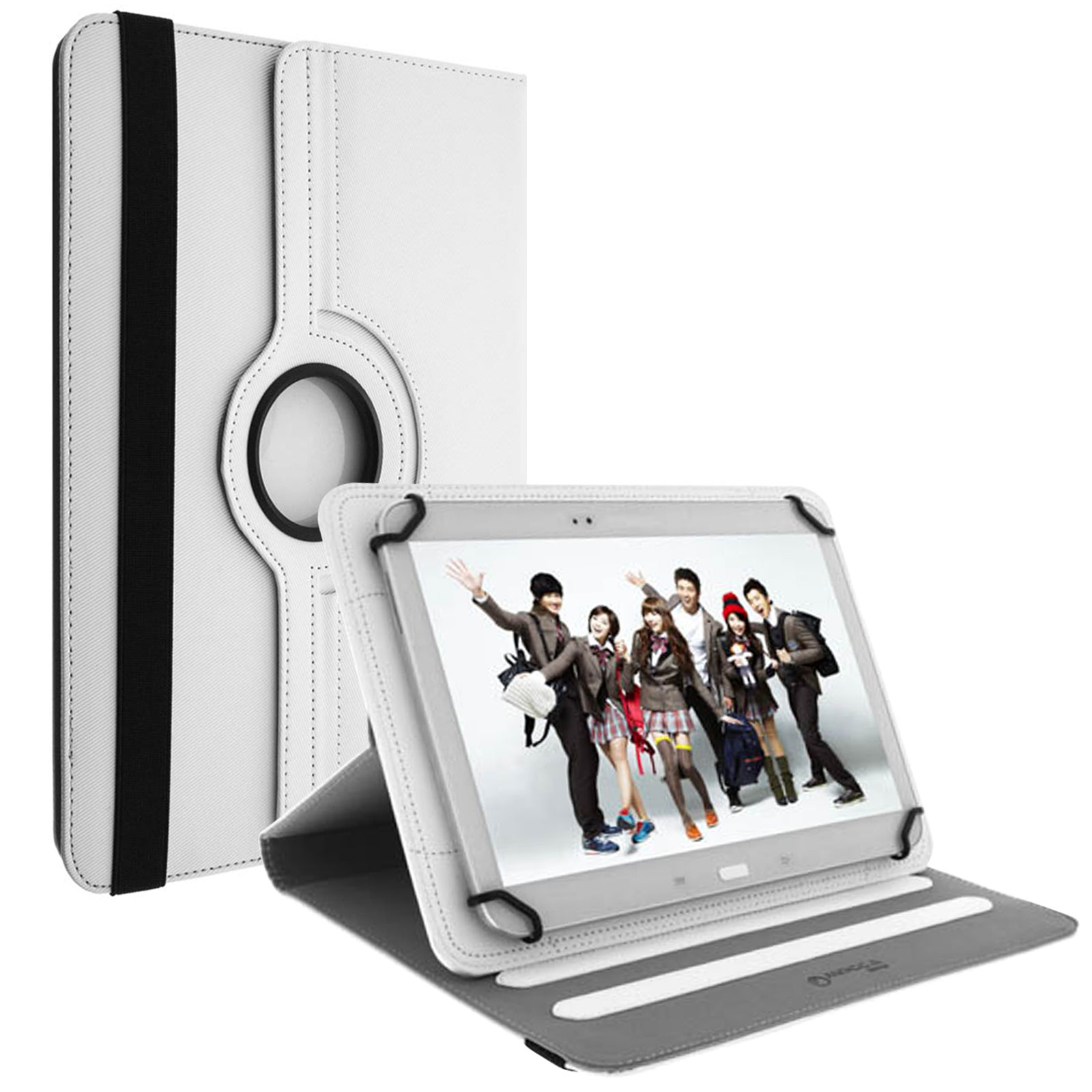 Custodia per tablet bianca con un tablet all'interno. La custodia è aperta, mostrando uno schermo con persone.