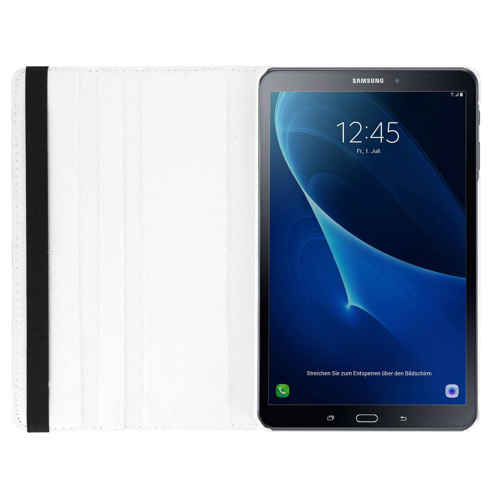 Un tablet bianco in una custodia bianca aperta, che mostra uno schermo blu con l'ora e la data.