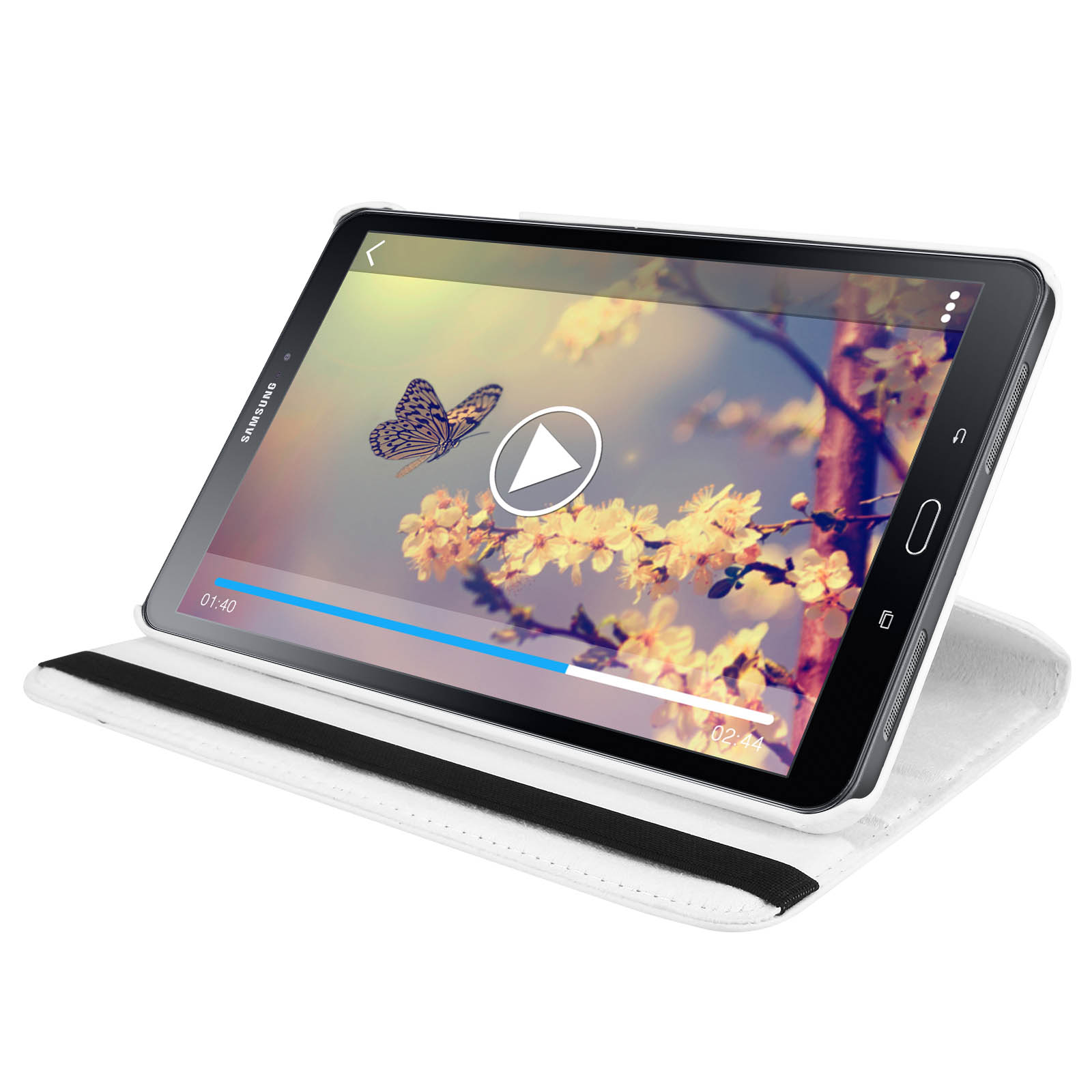 Tablet con video in riproduzione, farfalla e fiori sullo schermo. Custodia bianca. Sfondo bianco.