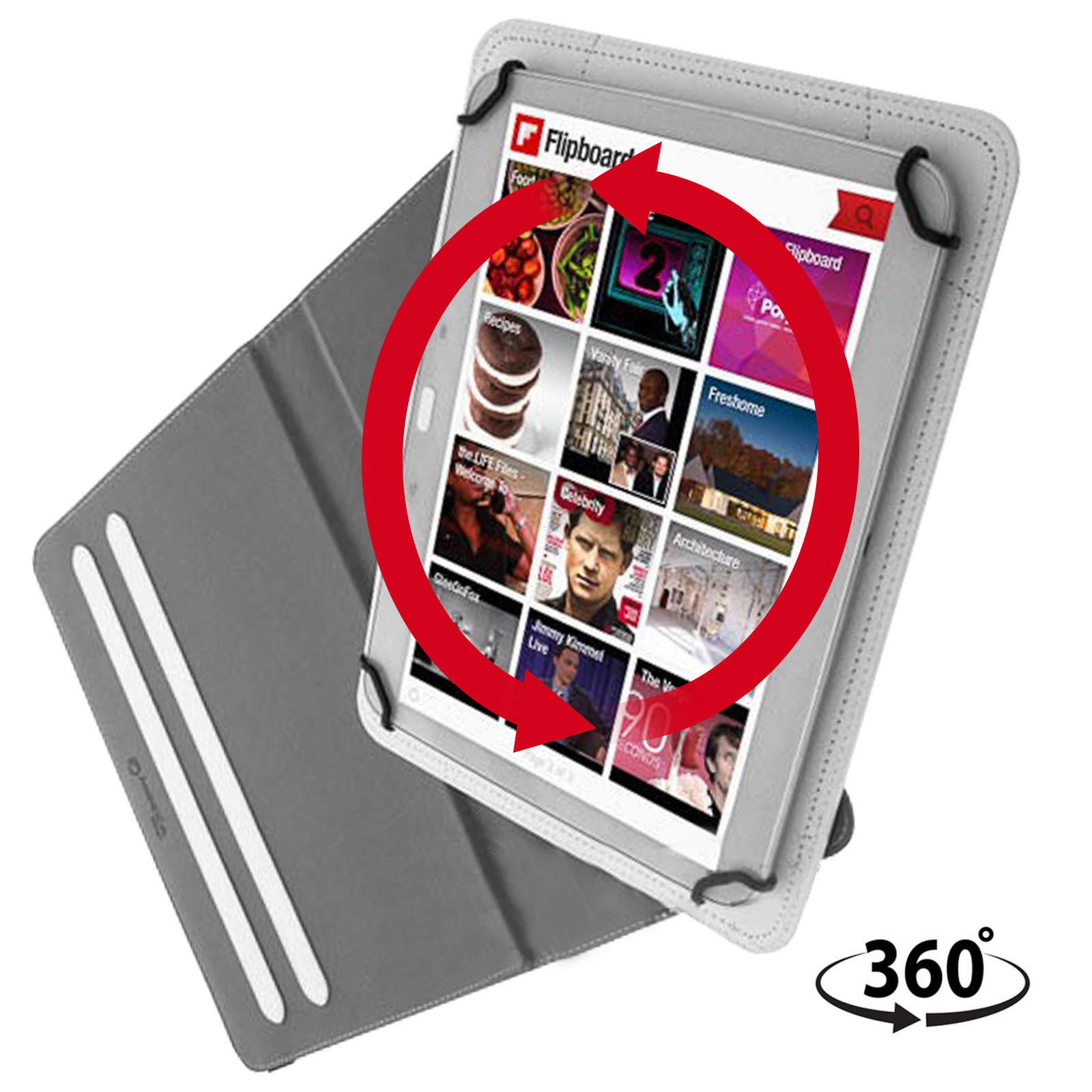 Tablet grigio in custodia, mostra app Flipboard con freccia rossa. Simbolo 360 gradi.