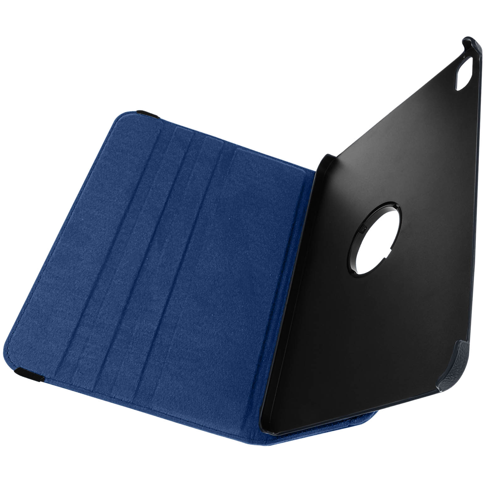 Custodia per tablet blu aperta. Parte nera con un foro visibile. Sfondo bianco.