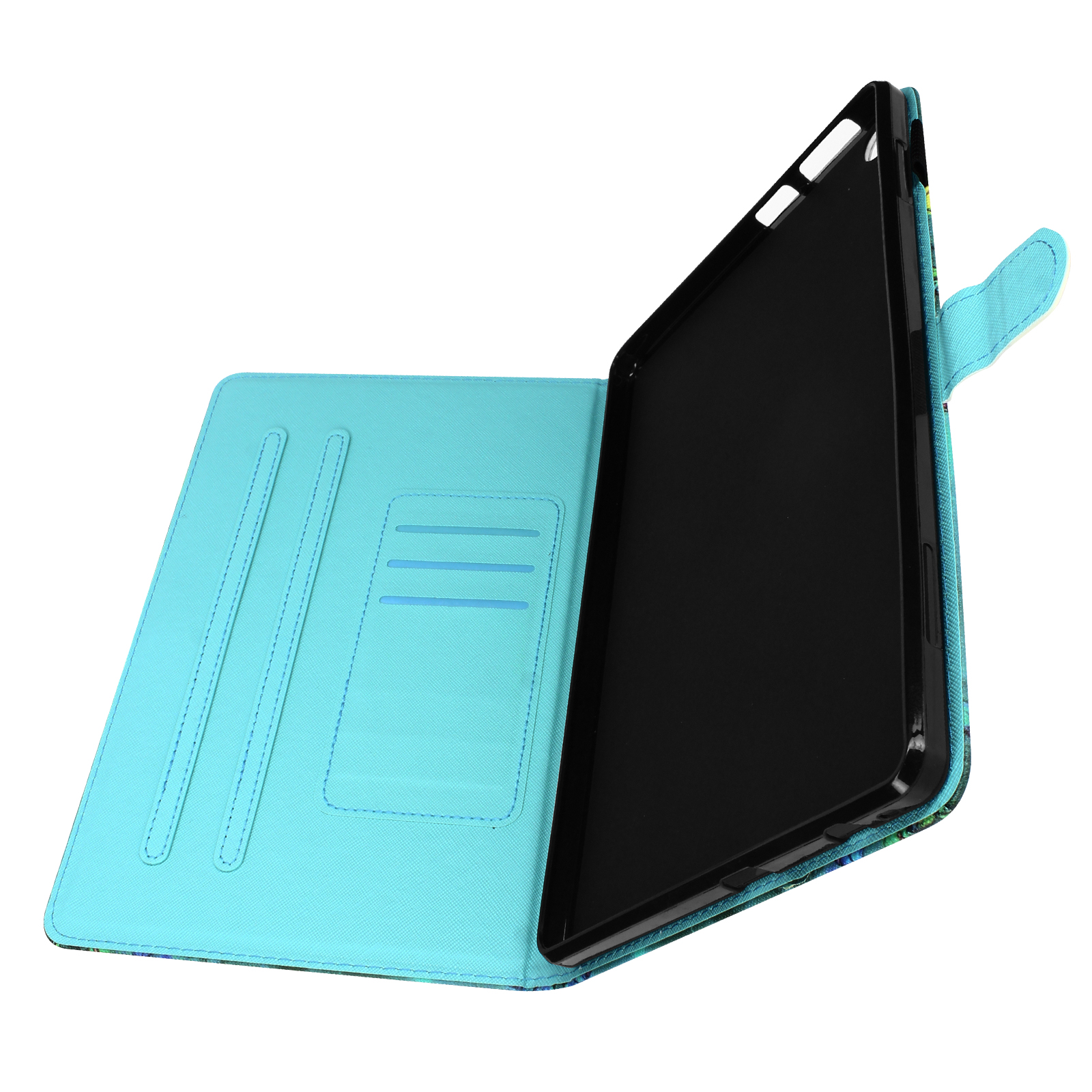 Custodia per tablet turchese aperta con tablet nero all'interno. La custodia è su una superficie bianca.
