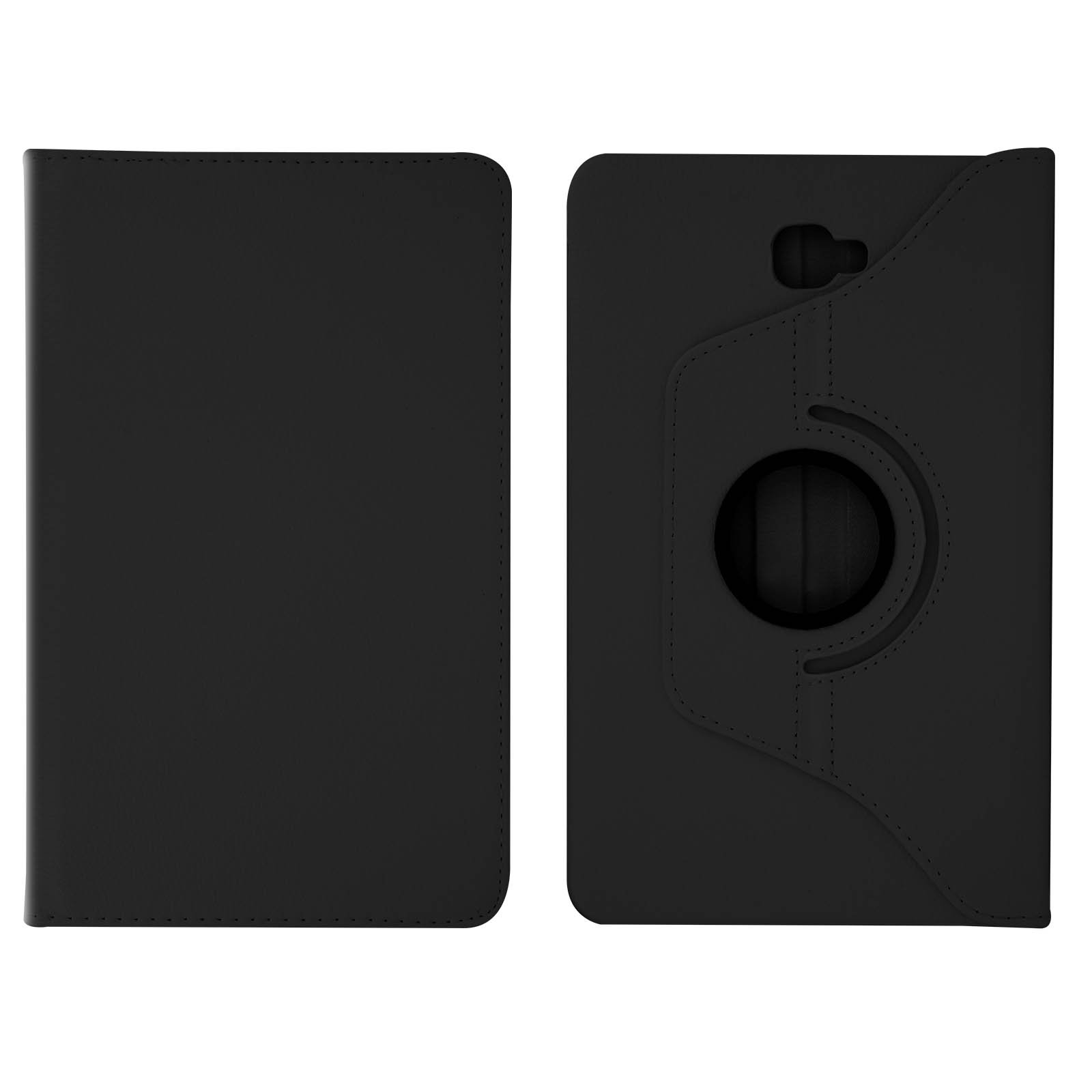 Due custodie per tablet nere, una aperta che mostra l'interno, l'altra chiusa. Sfondo bianco.