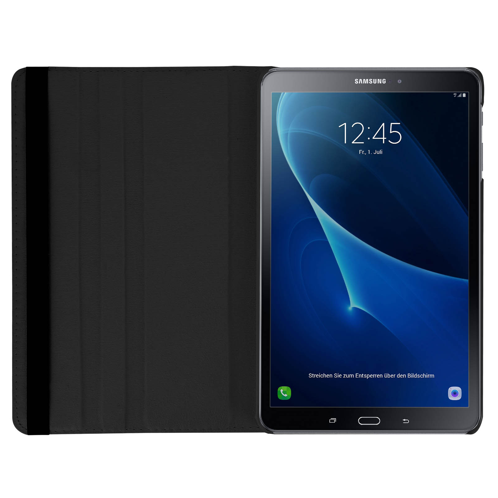 Tablet in custodia nera, aperto, che mostra ora, data e uno sfondo a forma di onda.