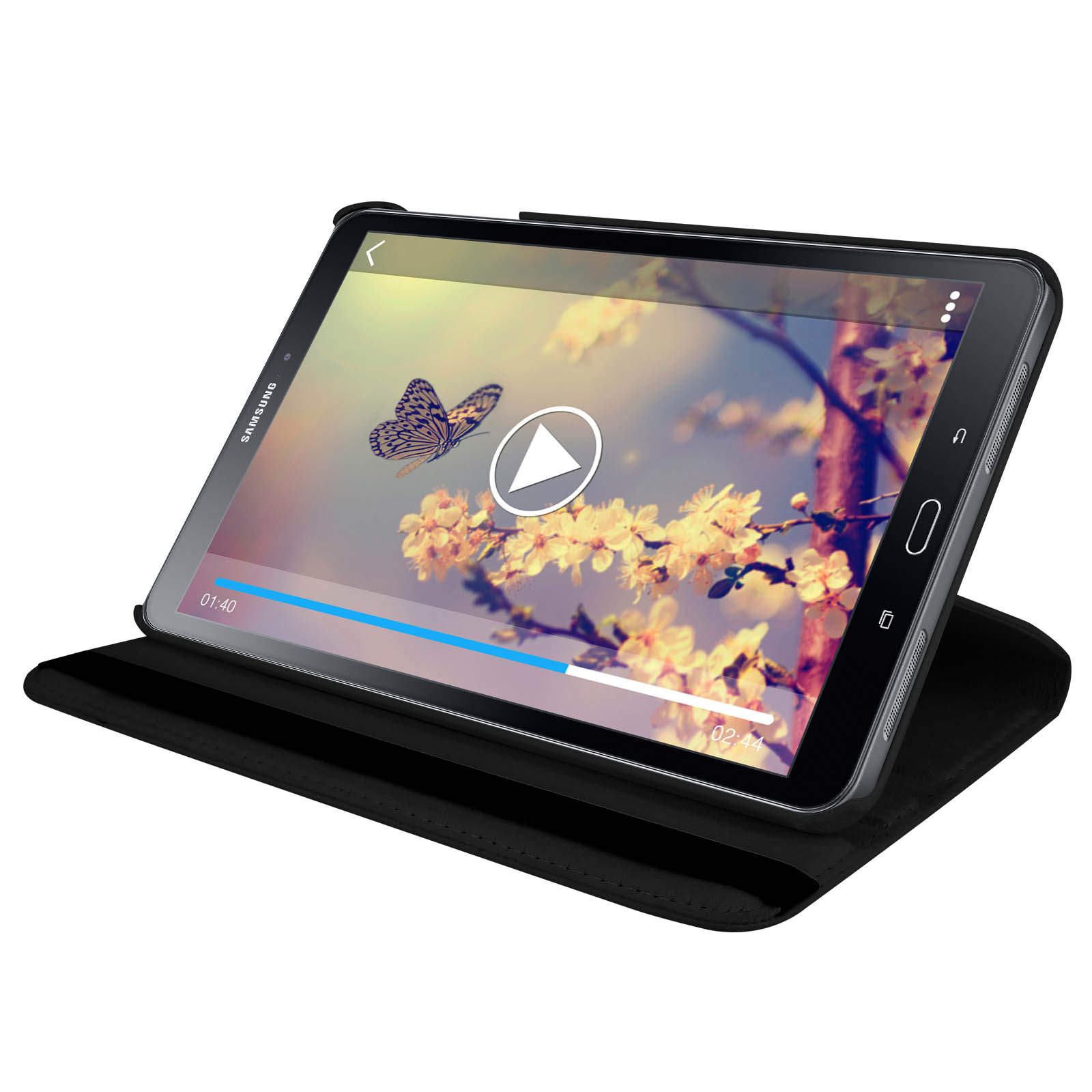 Un tablet che mostra un video aperto in una custodia nera su un tavolo.