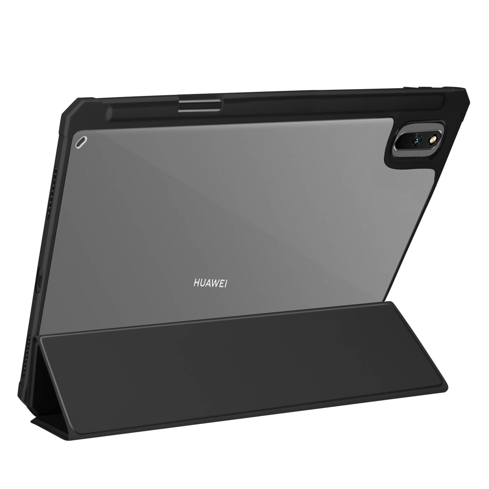 Un tablet nero su un supporto con retro trasparente. Il logo Huawei è visibile sul retro.