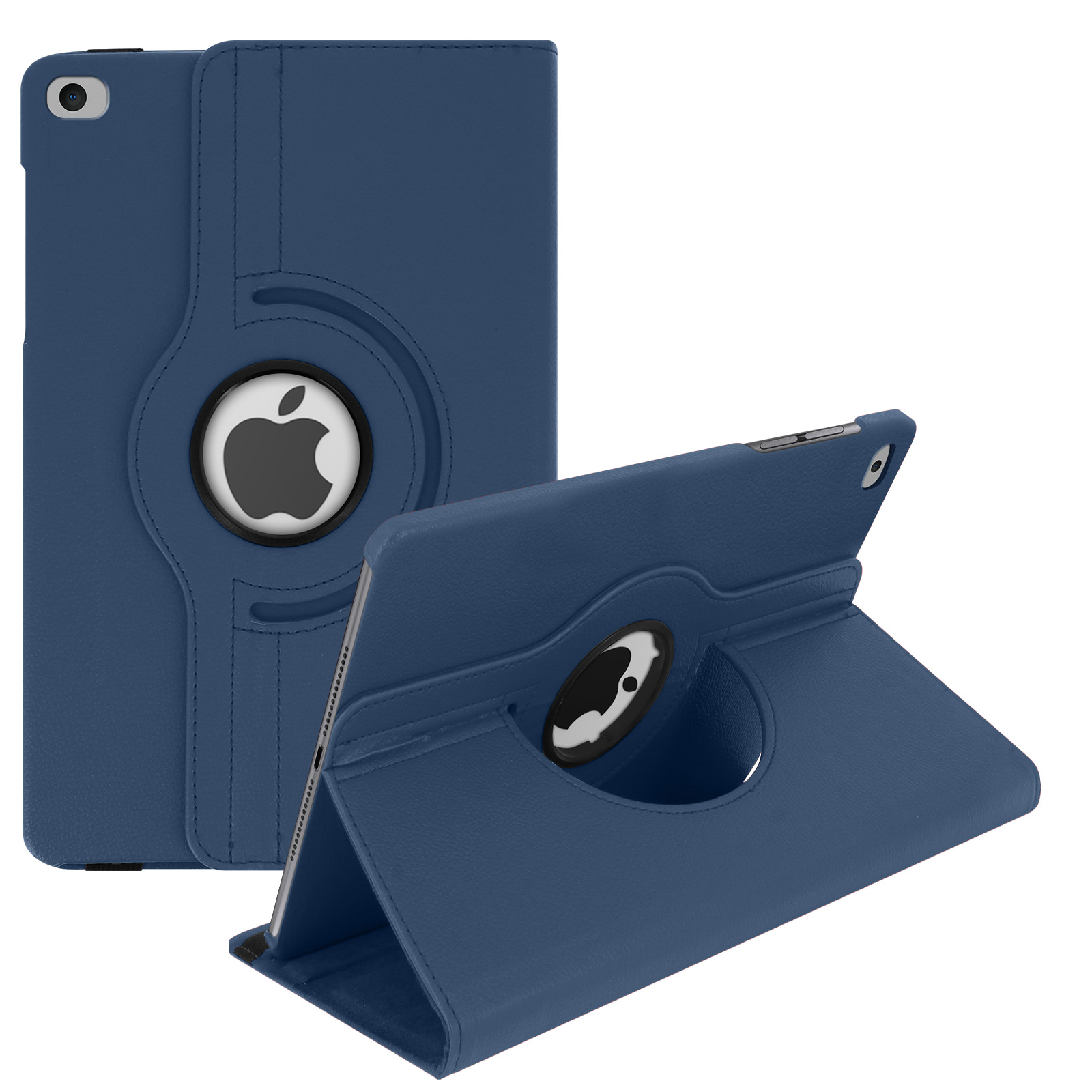 Custodia blu per tablet con logo Apple. Una aperta, una chiusa. Sfondo bianco.