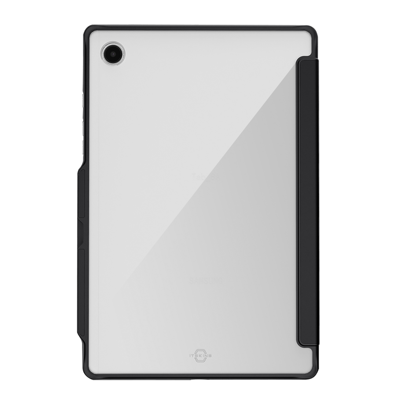 Eine Tablet-Hülle mit transparentem Rücken, schwarzem Rahmen und Kamera auf der Rückseite.