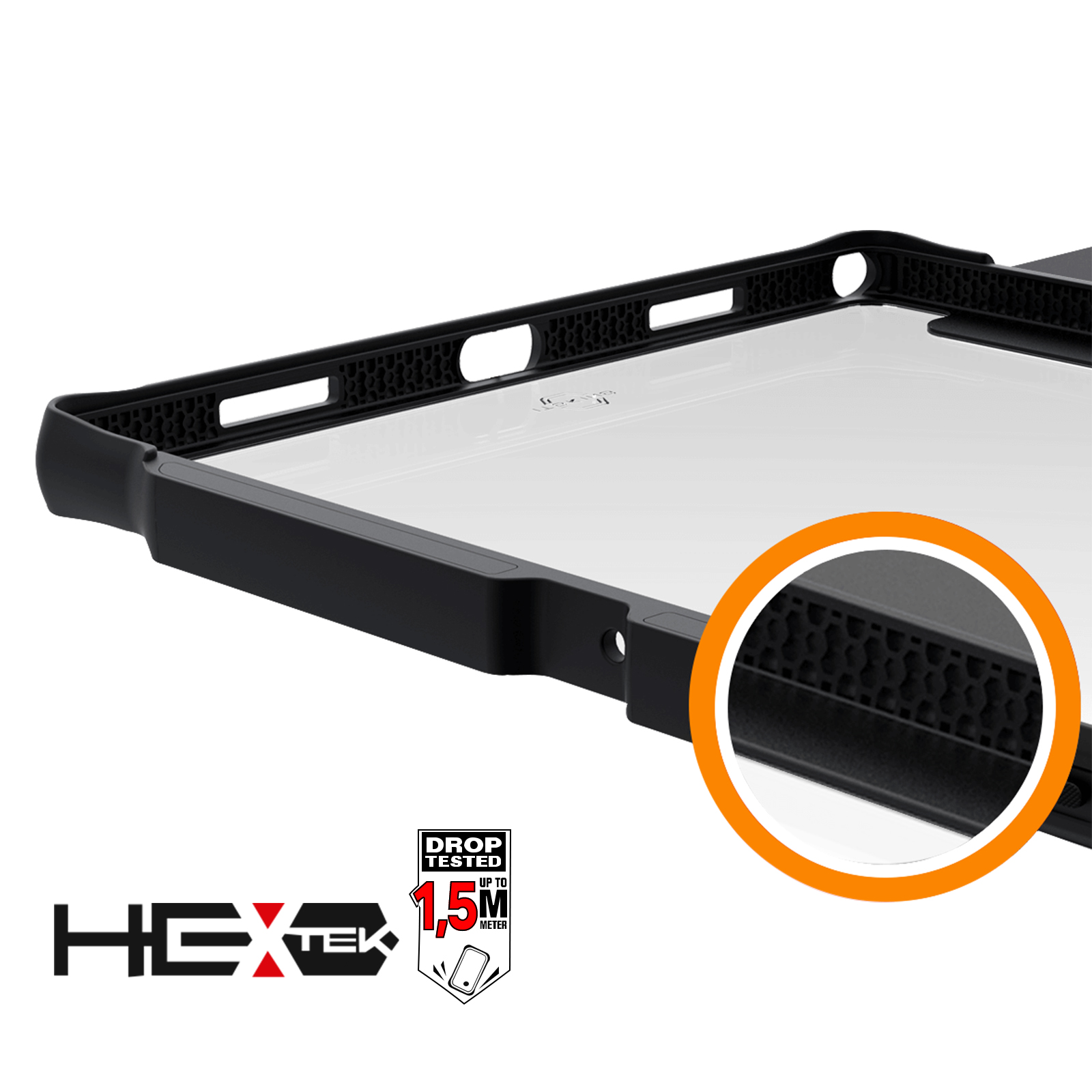 Schwarze Handyhülle mit verstärkten Ecken, Nahaufnahme des Hexagonmusters. Fallgetestet bis 1,5M.