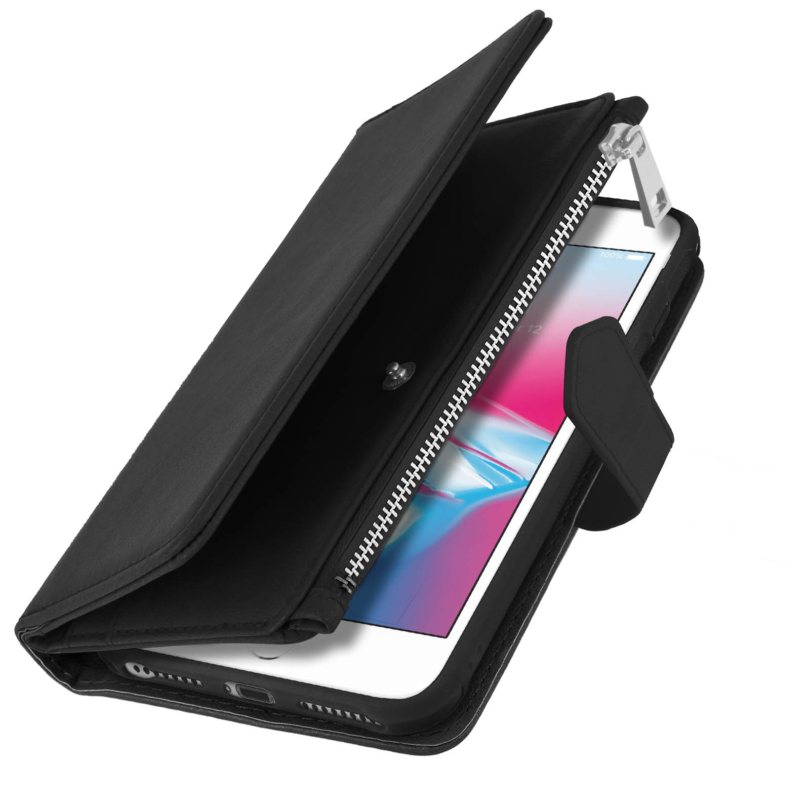 Schwarze Handyhülle mit Reißverschluss. Ein Telefon ist sichtbar.
