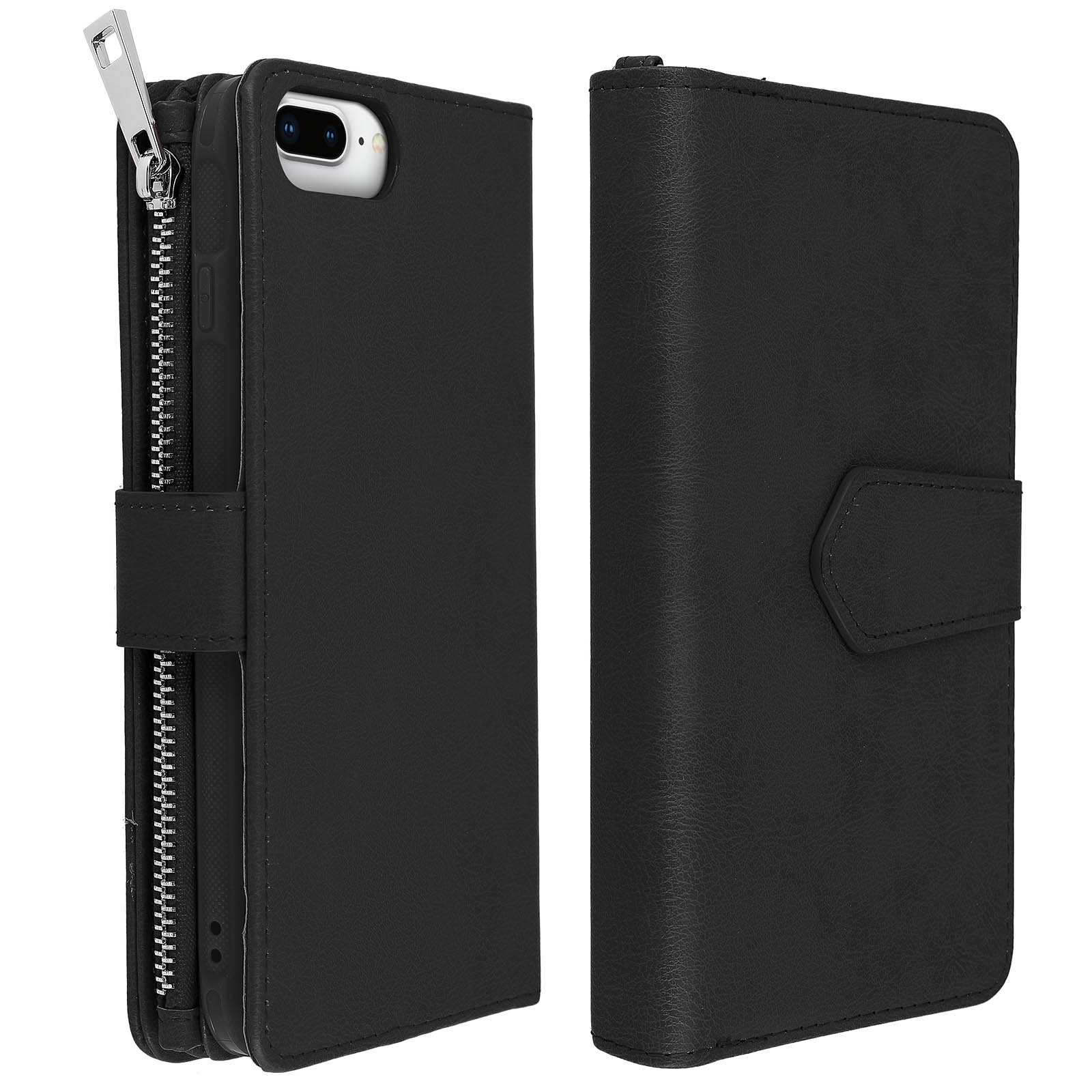Schwarze Telefon-Geldbörsen-Hülle mit Reißverschluss. Rechts geschlossen. Lederstruktur.