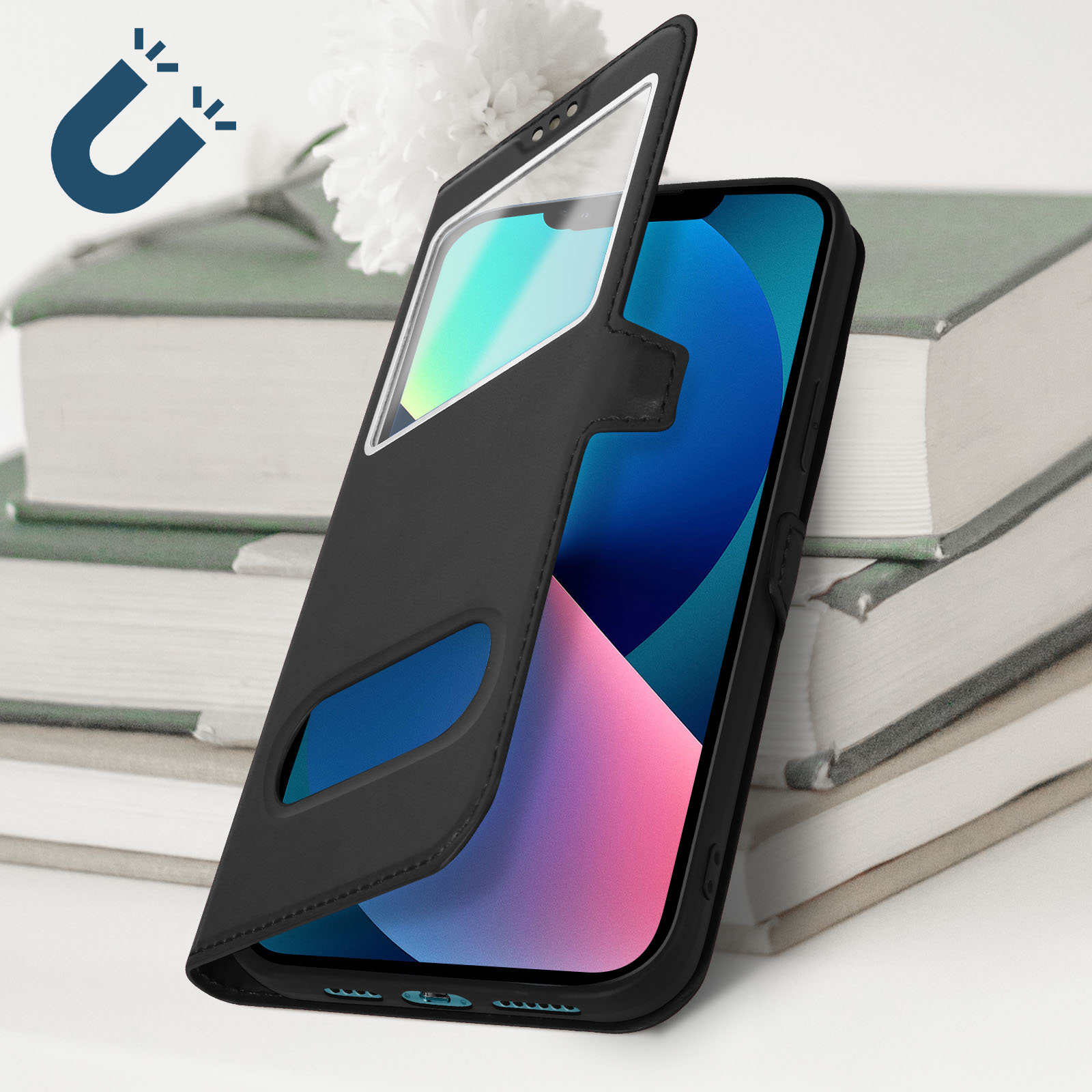 Schwarzes Telefon in Hülle mit klarer Abdeckung. Bücher im Hintergrund.