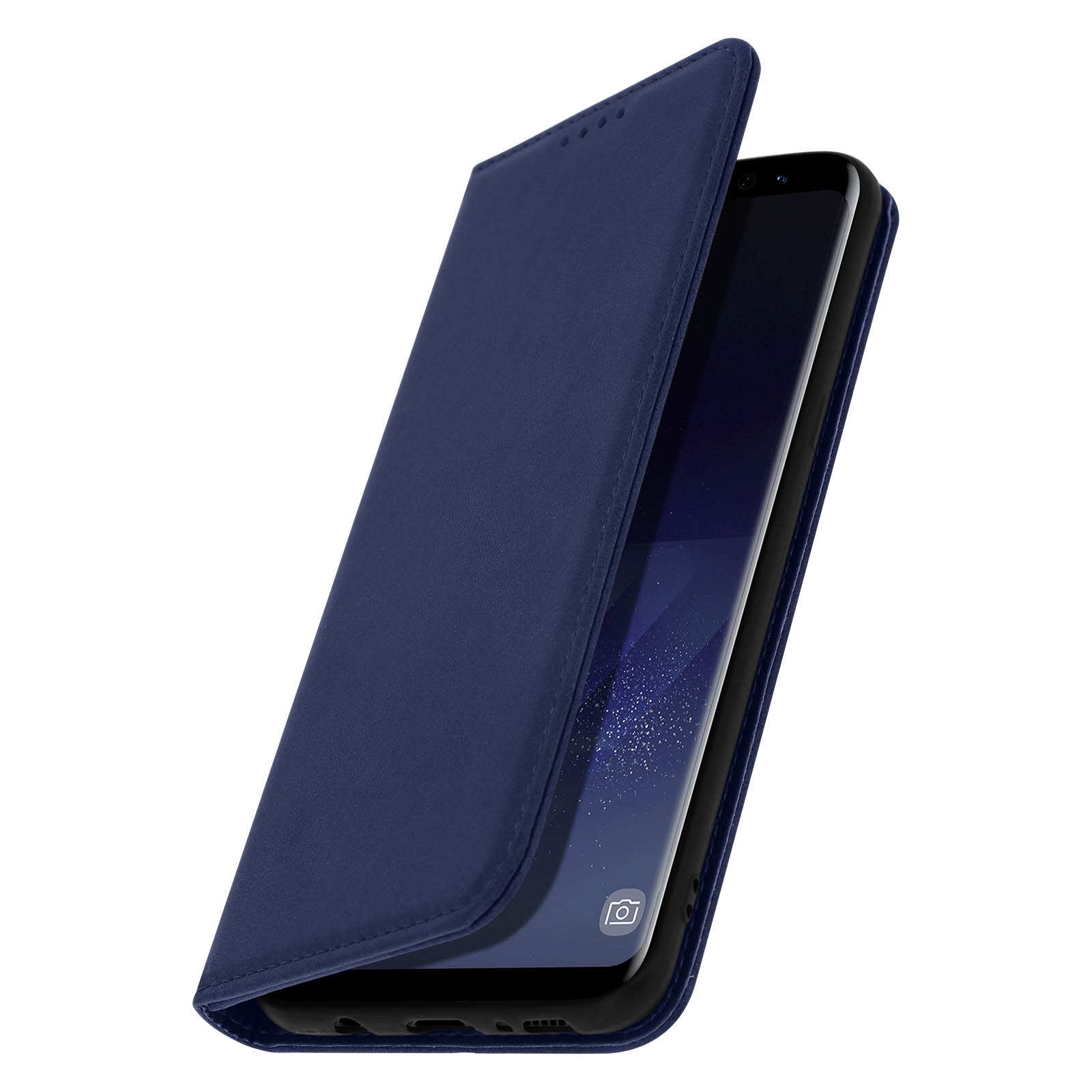 Custodia blu per telefono aperta, che mostra lo schermo di un telefono. Il telefono è nella custodia.