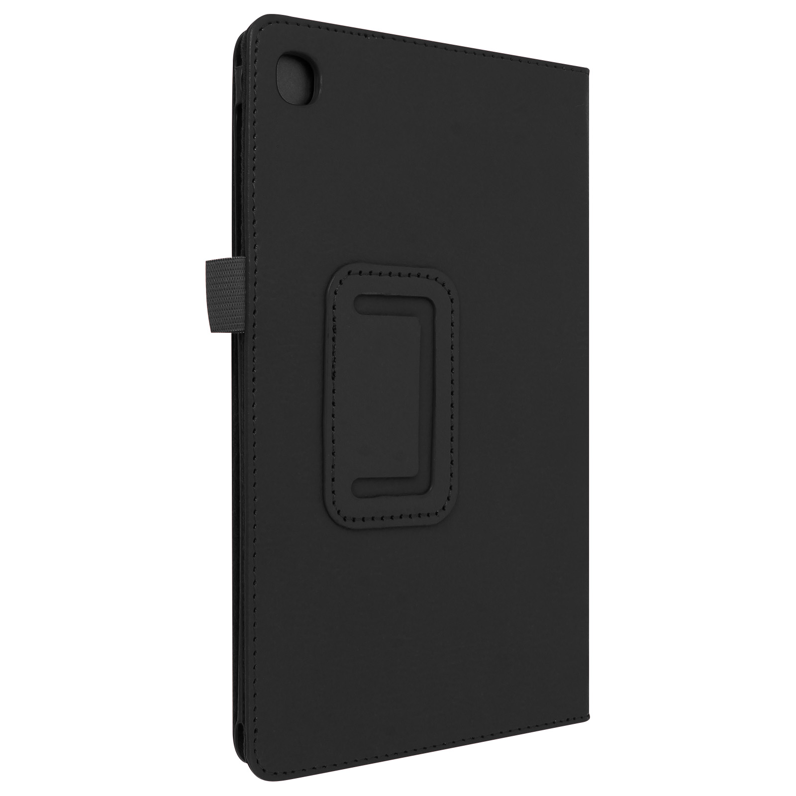 Custodia per tablet nera. La custodia è chiusa e ha un cinturino e un supporto.
