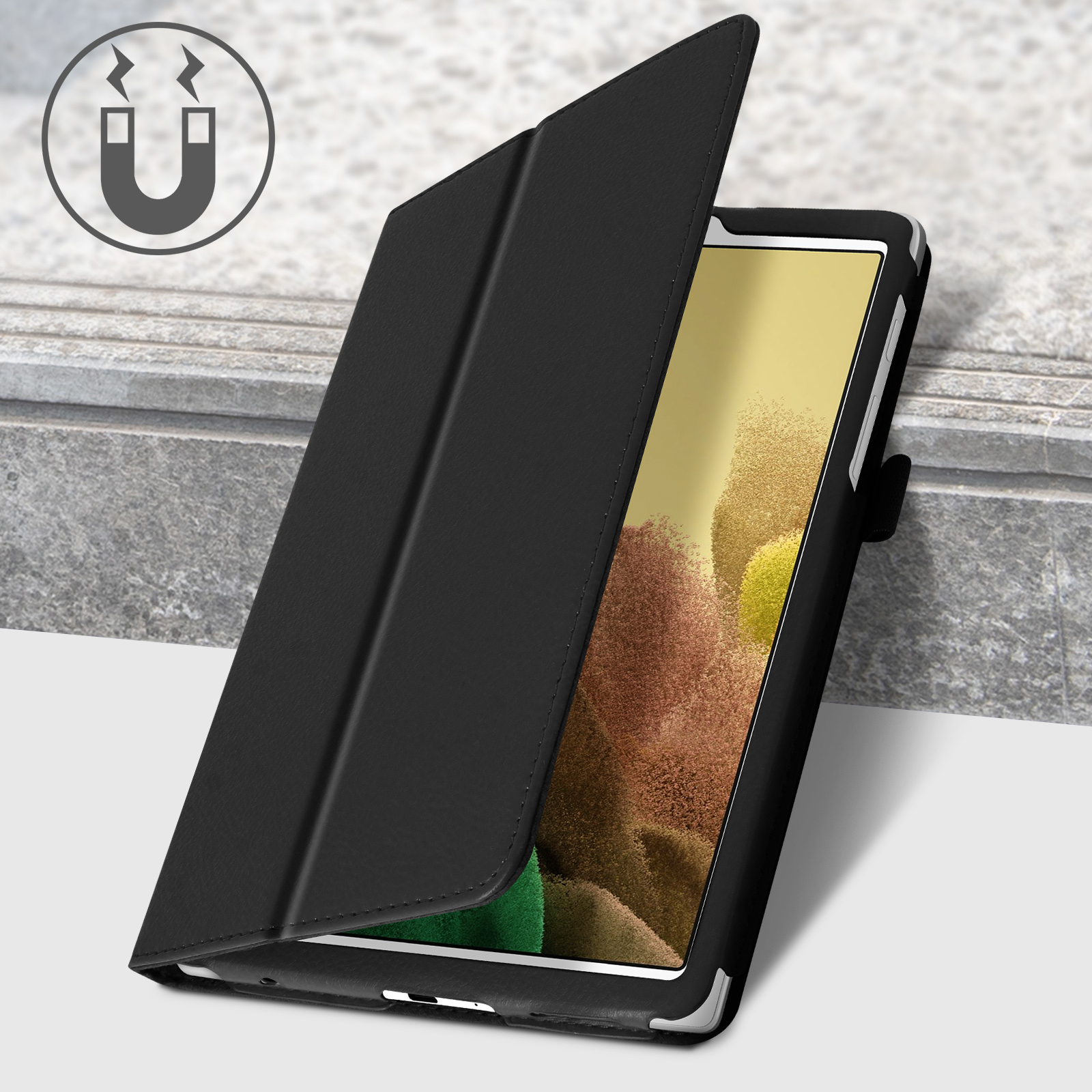 Custodia per telefono nera con chiusura magnetica, aperta. Telefono visibile all'interno.