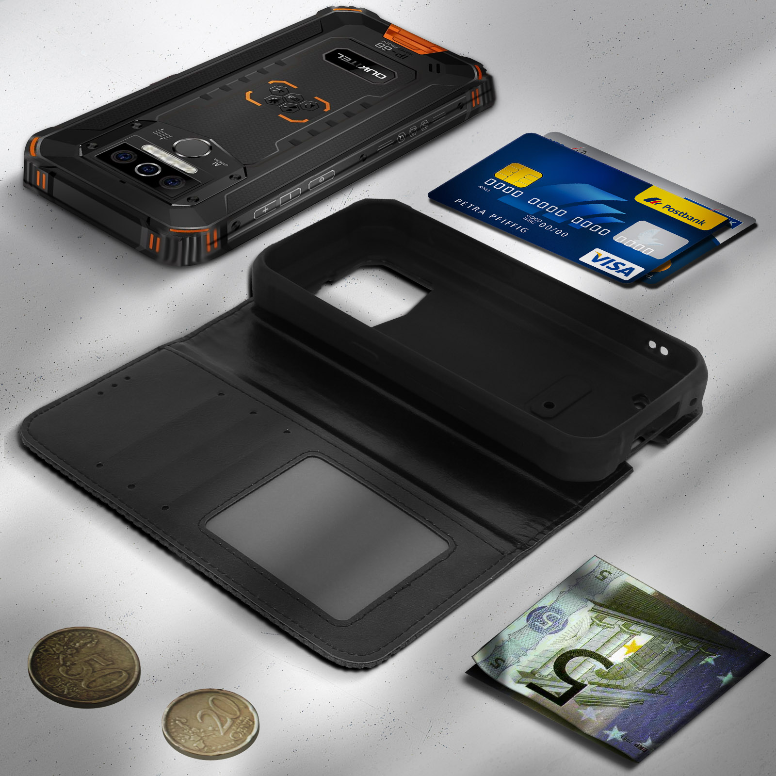 Zwarte telefoonhoes met telefoon en accessoires. Inclusief geld, kaarten en munten.