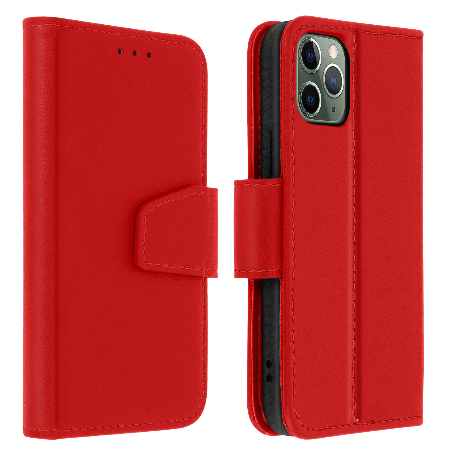 Custodia in pelle rossa, aperta, con il retro del telefono visibile sul lato destro.