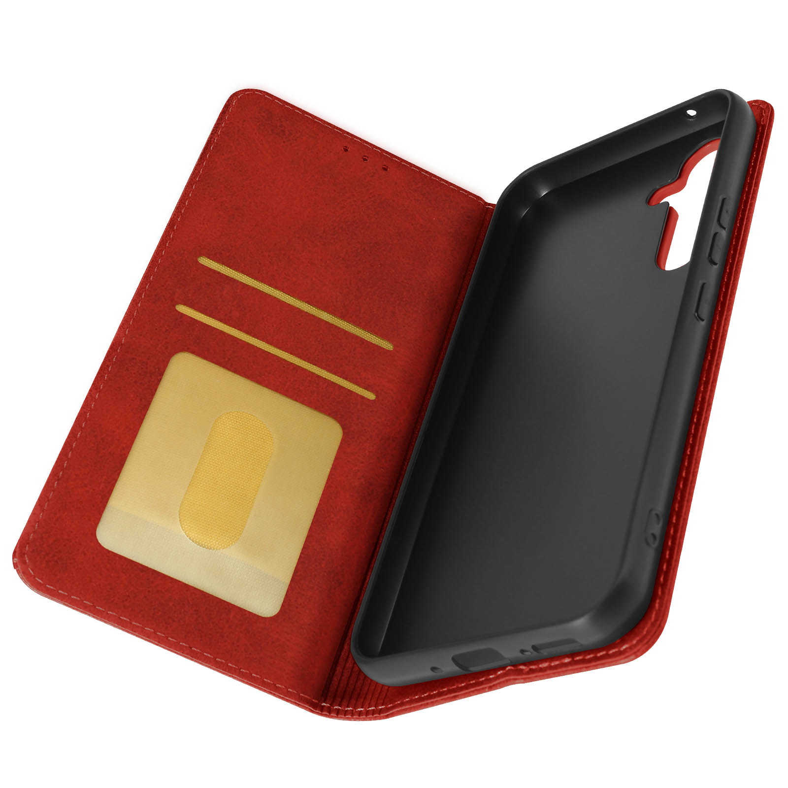 Custodia per telefono rossa, aperta, che mostra carte e un interno nero del telefono. Porta carte beige e custodia nera per telefono.
