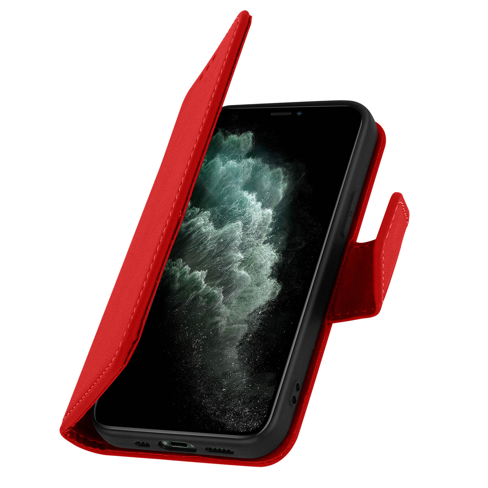 Custodia rossa aperta, rivela un telefono. Il telefono è nero, la custodia rossa. Sfondo bianco.