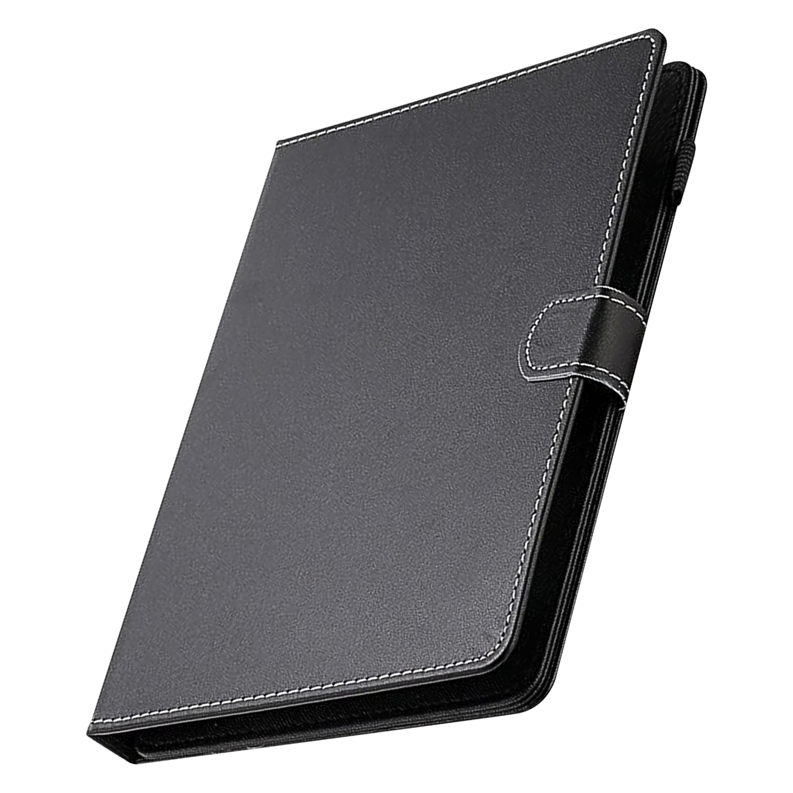 Custodia per tablet nera, chiusa, con cuciture bianche. Sfondo bianco.