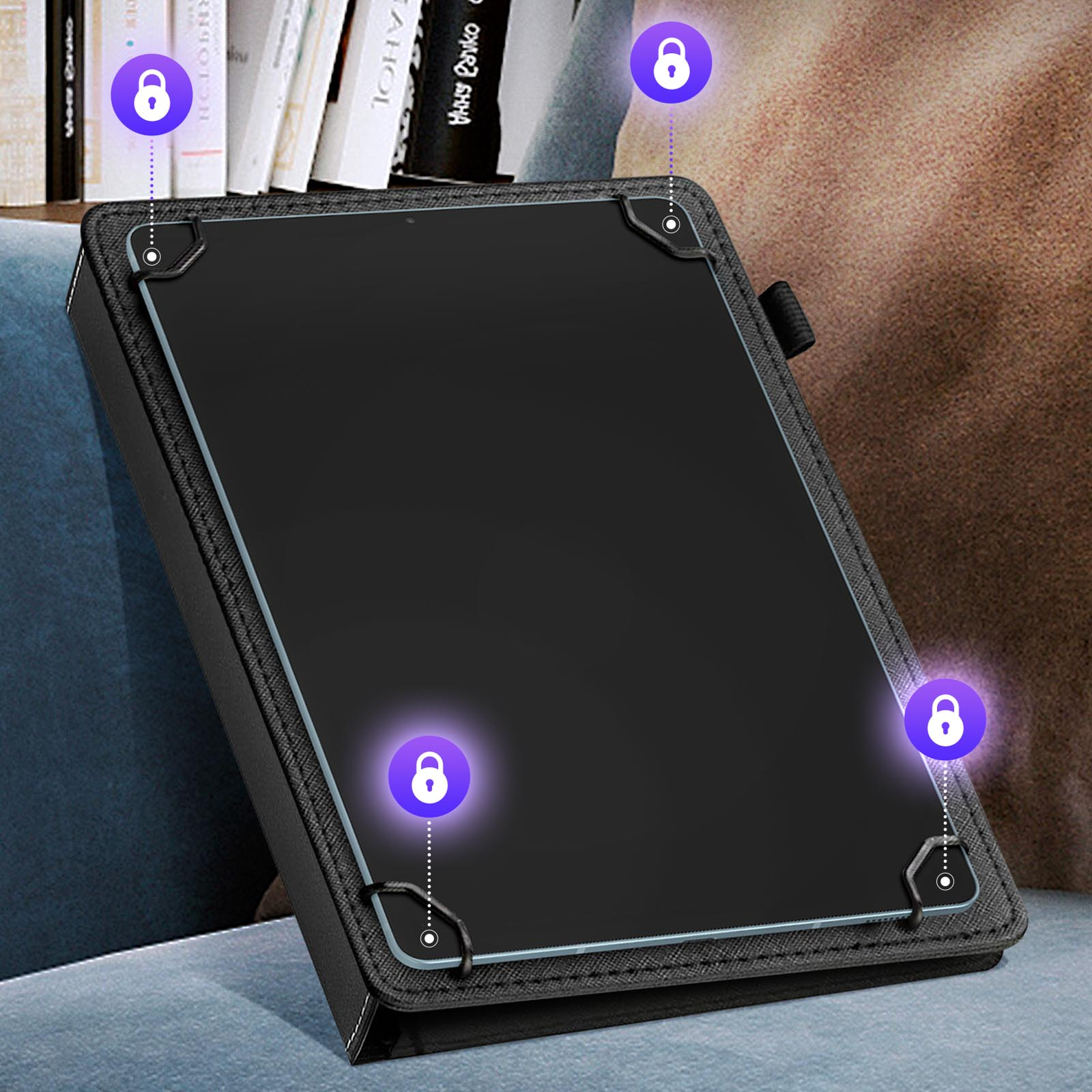 Custodia per tablet nera con schermo, con lucchetti viola agli angoli e sulla cornice.
