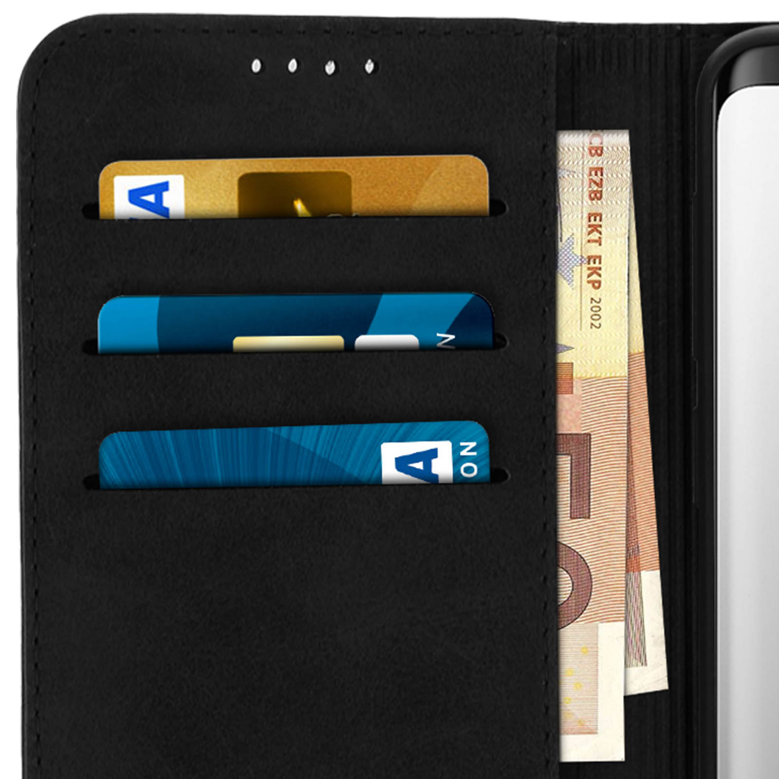 Custodia per telefono nera con fessure per carte. Sono visibili carte e banconote in euro. La custodia è chiusa.